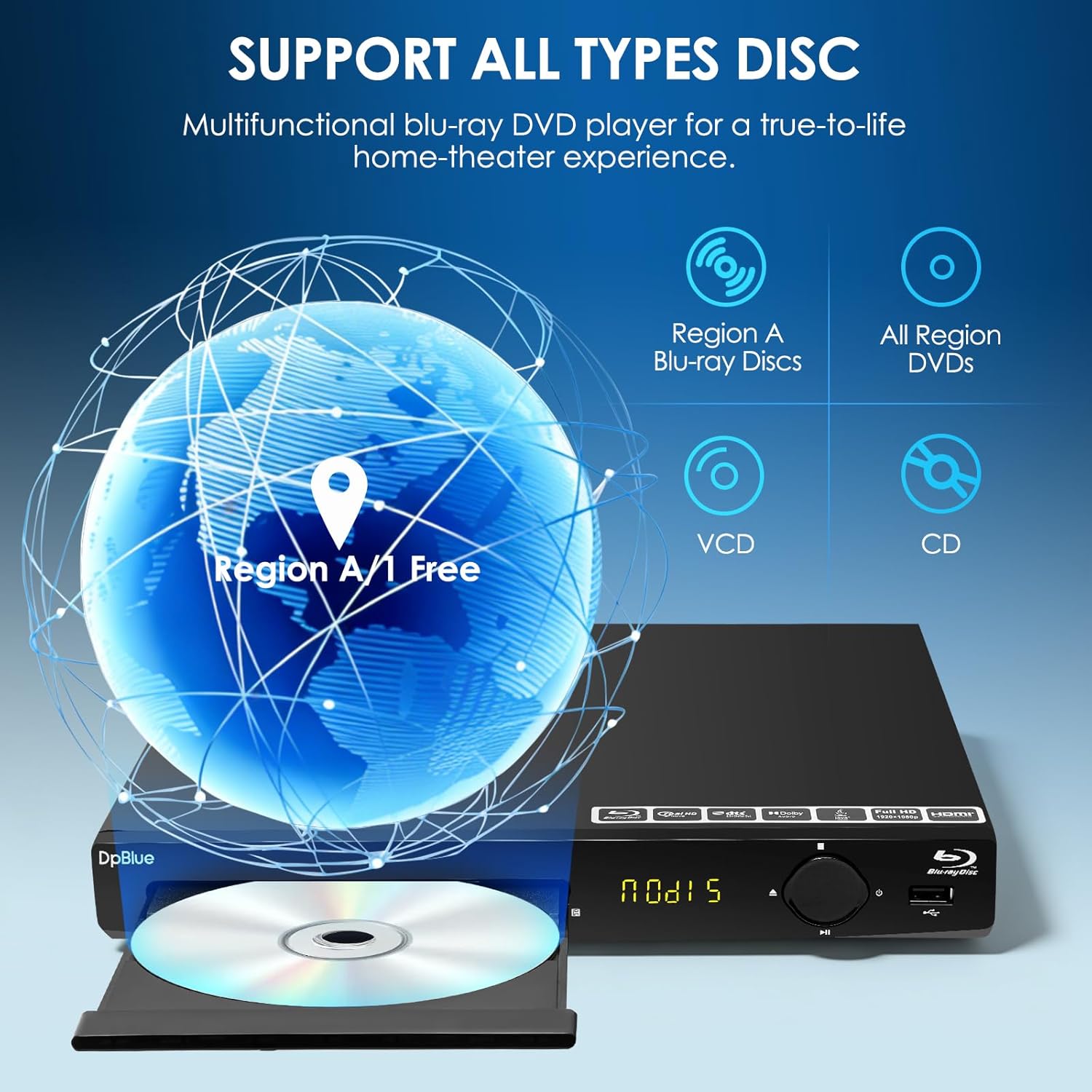 1080P Full HD Blu-ray DVD Player for TV/Projector, HDMI/AV/Coaxial Outputs | Home Theater Blu Ray Player Support Region A/1 Blu-ray Discs, CD DVDs VCD