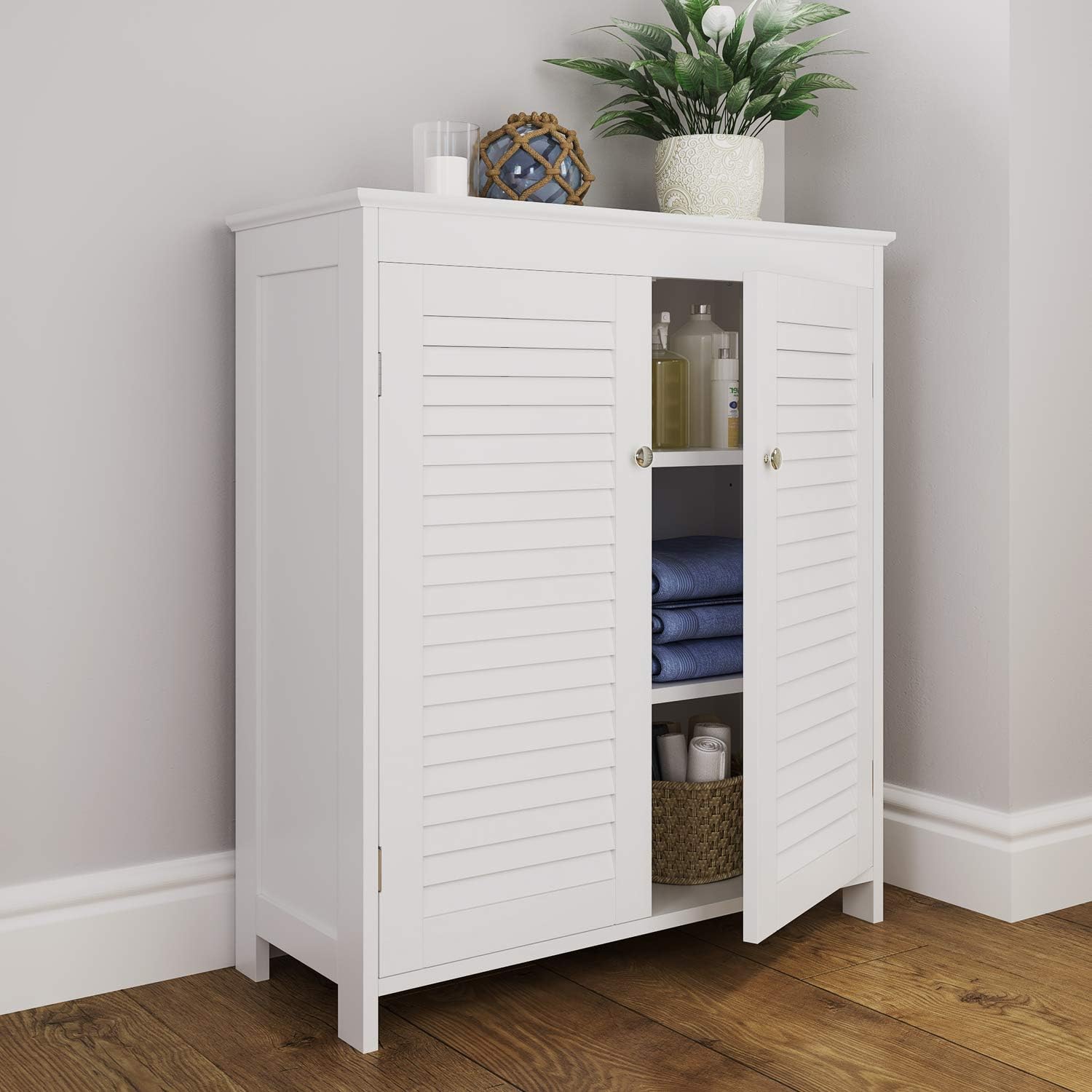 RiverRidge Ellsworth 2-Door Bathroom Storage Floor Cabinet, White | Laundry Room Linen Cabinet, Bath Medicine Floor Cabinet, Adjustable Interior Shelf