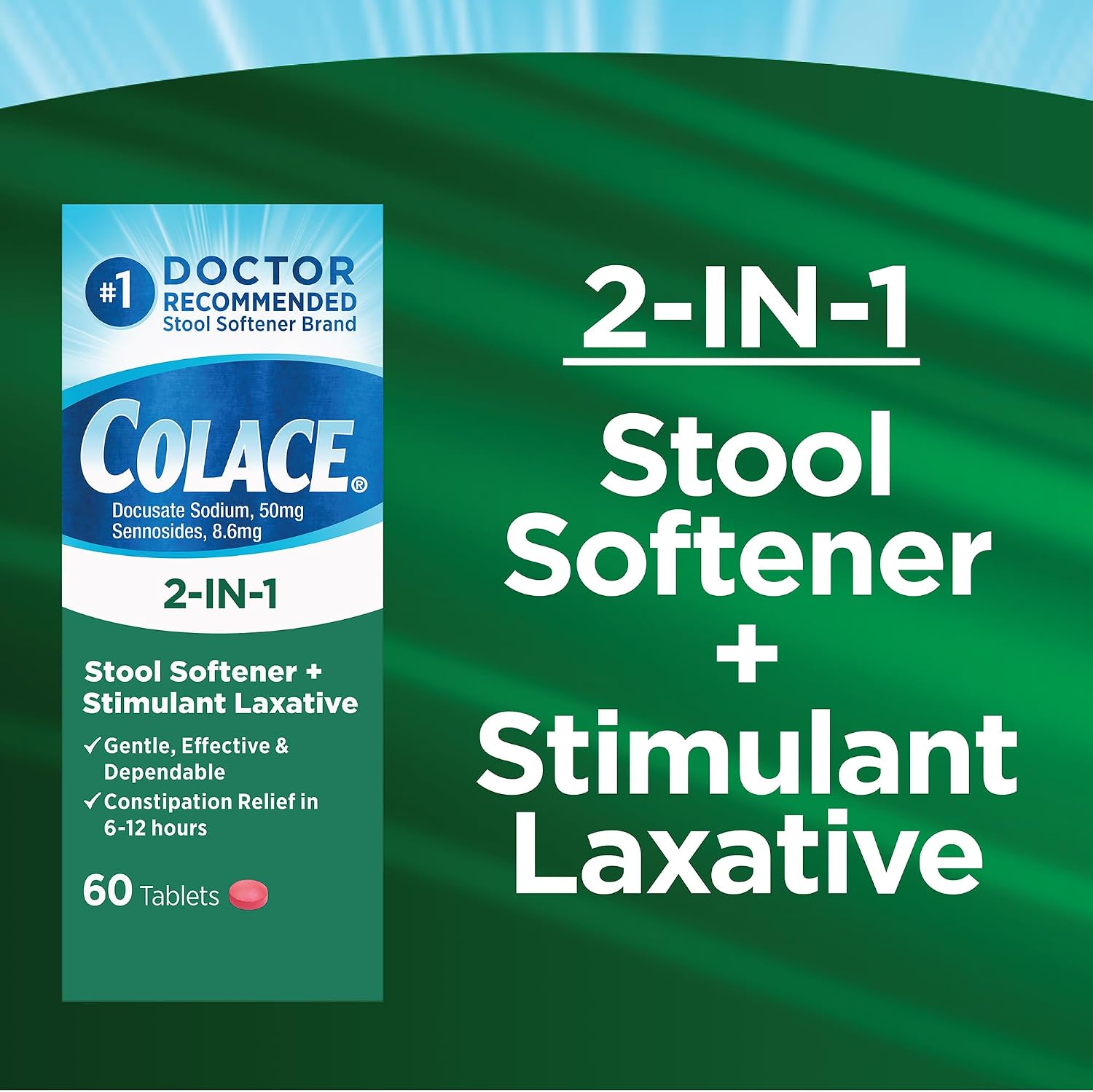 Colace 2-in-1 Stool Softener Plus Stimulant Laxative Tablets, 60 Count