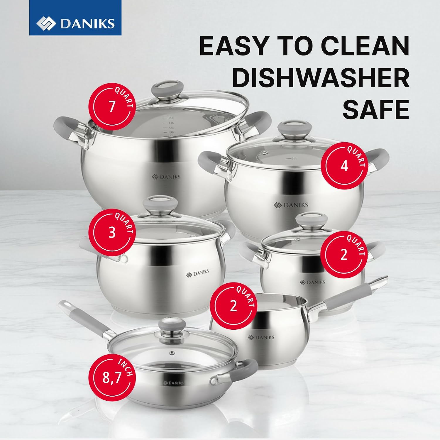 Daniks Modern 4 Quart Stainless Steel Stock Pot with Glass Lid, Tri-Ply Bottom for Even Heating, Induction Compatible, Dishwasher Safe