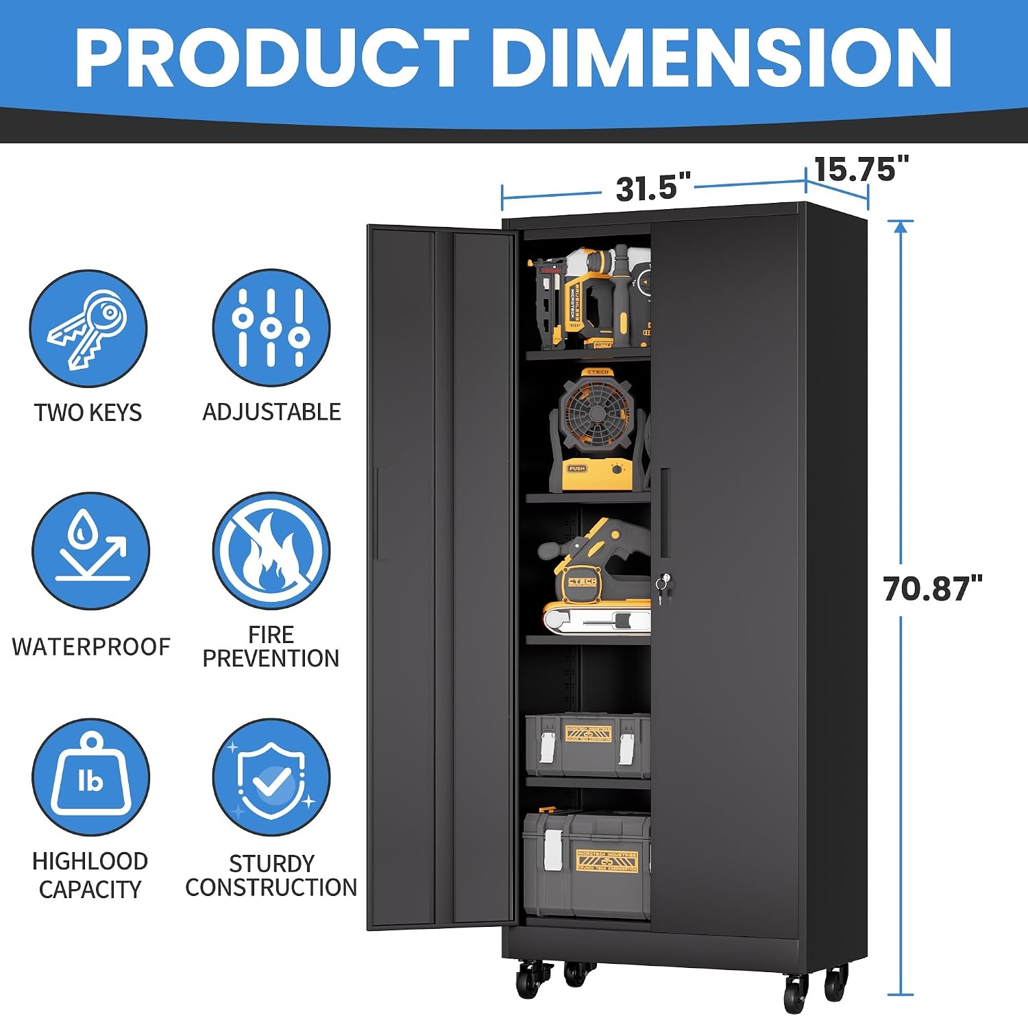 Metal Storage Cabinet for Garage, Tool Cabinet, Utility Cabinet | Wheeled, Rolling Tool Cabinet, 6 Drawers, Top Countertop, Pegboard, Assembly Required, Black