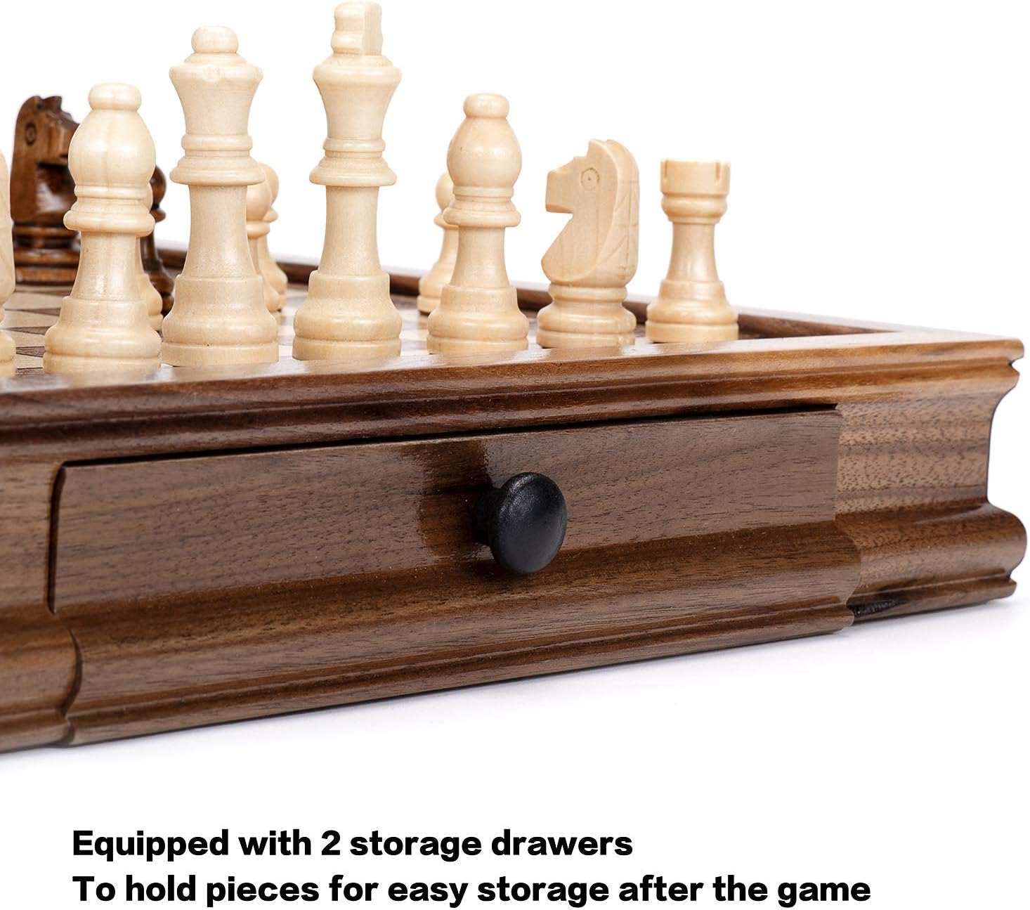 AMEROUS Magnetic Wooden Chess Set, 12.8" x 12.8" Walnut Chess Board Game with 2 Built-in Storage Drawers - 2 Bonus Extra Queens - Chess for Beginner