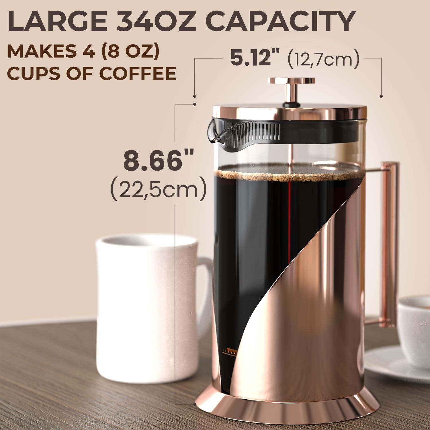 Cafe Du Chateau French Press Coffee Maker, 34 oz Glass, Stainless Steel | Easy Brew, Durable Clear Glass, 4-level Filtration, 34 oz Capacity, Coffee Press for Camping, Tea Brewer, BPA-Free Materials