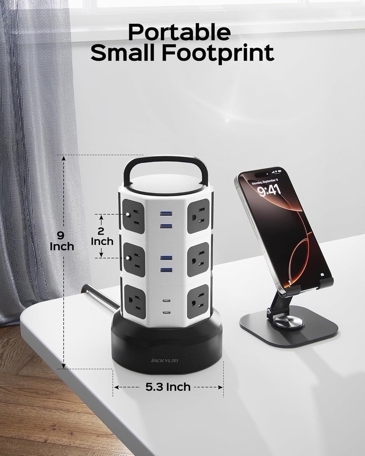JACKYLED Power Strip Tower Surge Protector, 12 AC 6 USB (2 USB C), 1050J