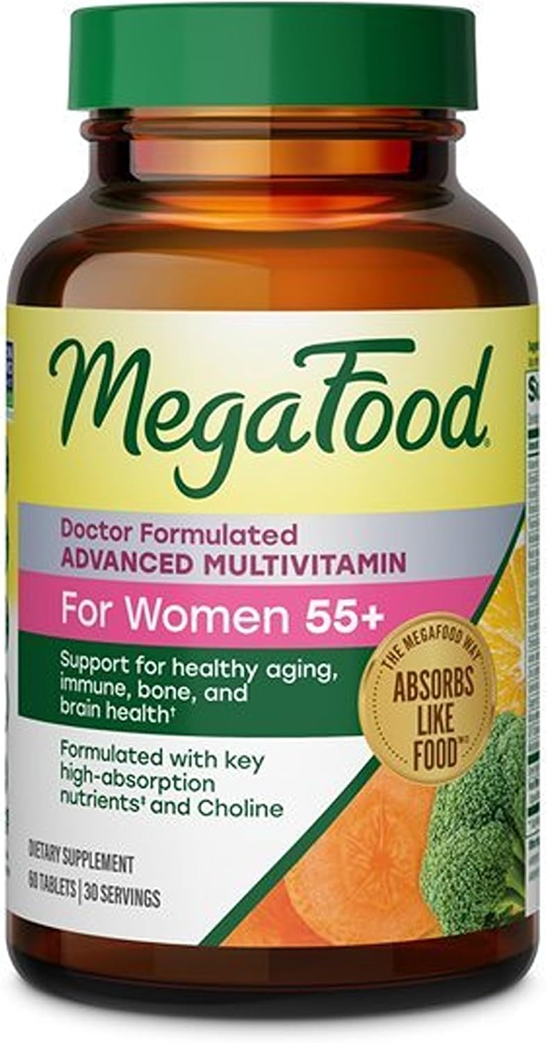 MegaFood Advanced Multivitamin for Women 55+ Doctor Formulated, 60 Tablets | For Healthy Aging, Immune Support, Bone and Brain Health, Choline, Methylated B12, Methylfolate, Vegetarian, 30 Servings