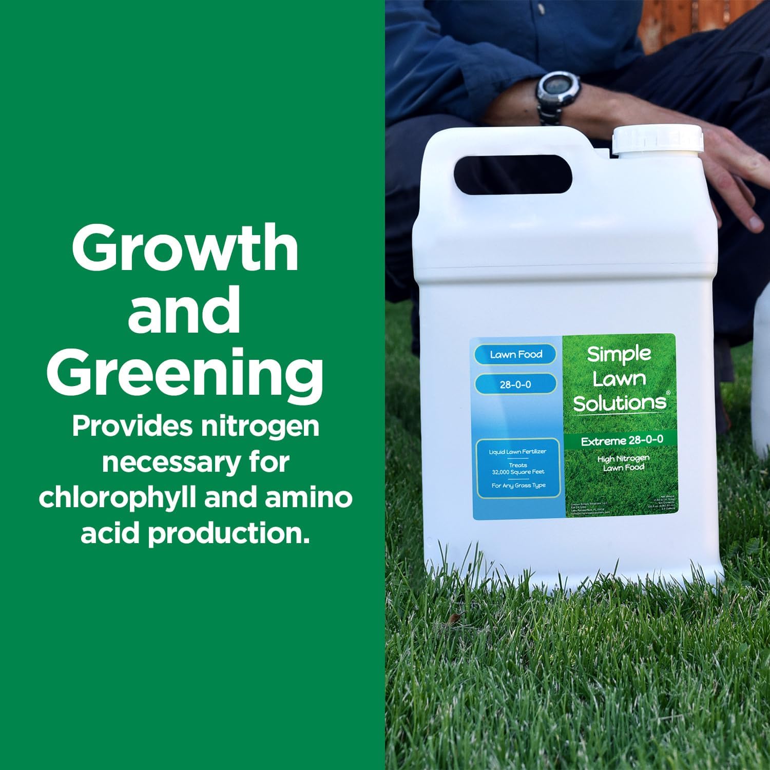 Maximum Green & Growth Fertilizer High Nitrogen 28-0-0 Liquid Lawn Food Spray Spring & Summer- Any Grass Type- Simple Lawn Solutions - Concentrated Quick & Slow Release Attached Sprayer (32 Ounce)