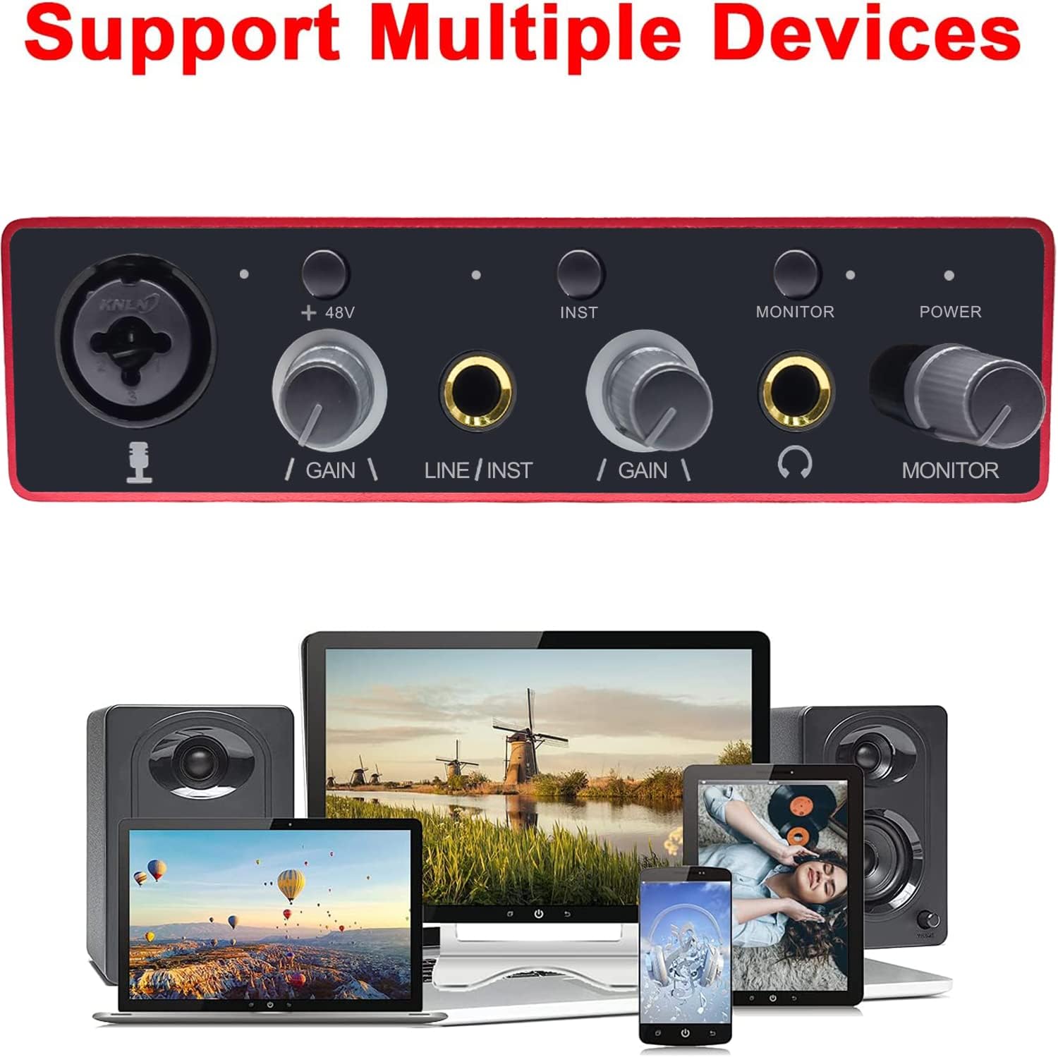 Audio Interface USB Audio Interface with Mic Preamplifier USB Audio Mixer Recorder with 48V Phantom Power, 24 Bit, Support Tablet