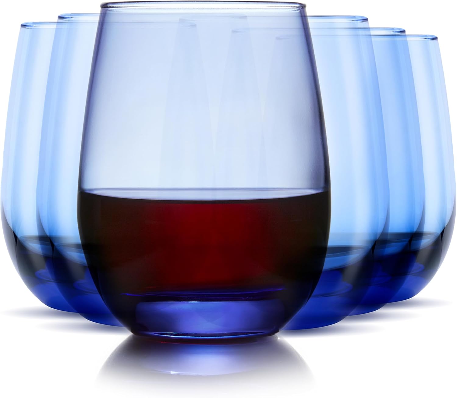 Libbey Classic Blue All-Purpose Stemless Wine Glasses Set 6, Timeless Wine Cups Set of 6, 15.25 Oz, Wine Glass Set for Dinners, Weeknights
