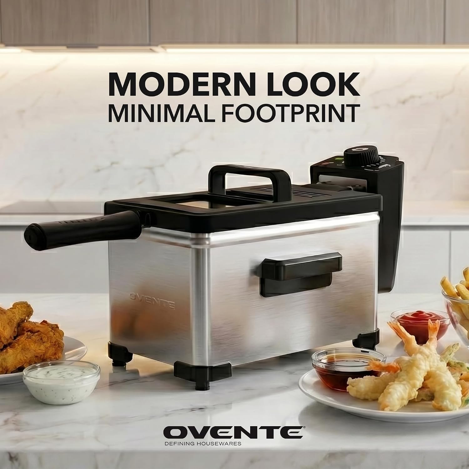 OVENTE Electric Deep Fryer, 0.9L Capacity, 840W, Silver FDM1091BR | Adjustable Temperature Knob, Locking Lid, Removable Frying Basket and Cool Touch Handle, Easy to Clean Stainless Steel Body