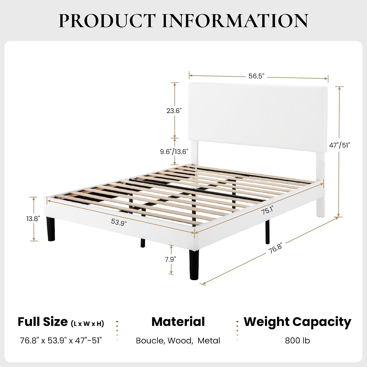 SHA CERLIN Boucle Upholstered Queen Size Bed Frame, White | Platform Bed with Adjustable Headboard, Wooden Slats Support, No Box Spring Needed, Noise-Free, Easy Assembly