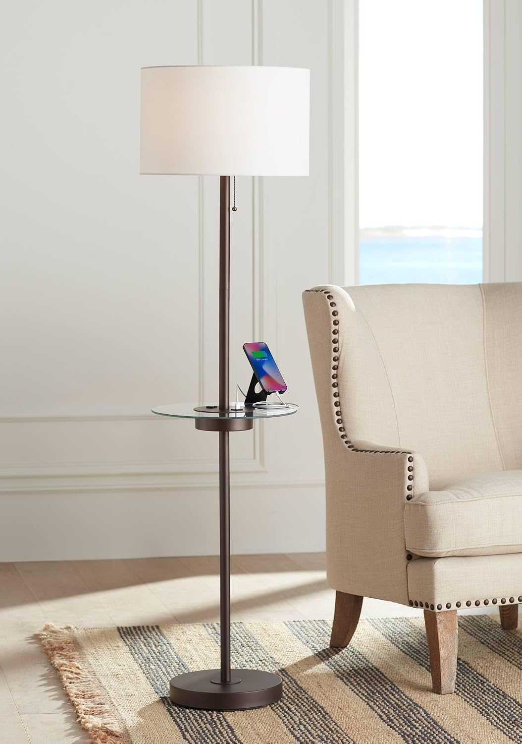 360 Lighting Caper 60 1/2" Tall Nickel Tray Table USB and Outlet Floor Lamp | Modern with AC Power on Glass 5 Satin White Fabric Drum Shade for Living Room Reading House Bedroom