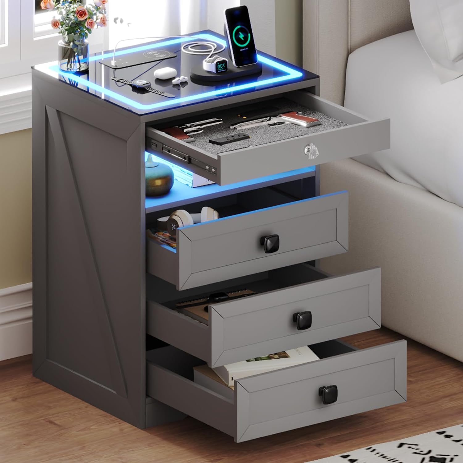 Smart LED Nightstand with Lockable Gun Drawer & Glass Top（Black） | Modern Bedside Table with Charging Station and Hidden Storage, LED Night Stand with 4 Drawers & Motion Sensor for Bedroom