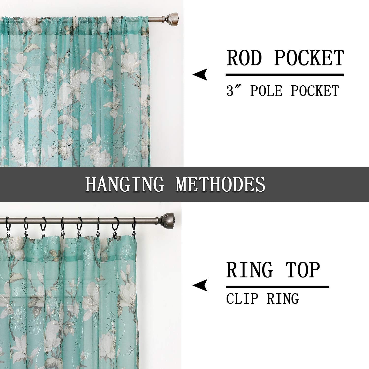 Tollpiz Floral Grey Sheer Curtain Flower Print Vine Embroidery Bedroom Curtains Rod Pocket Voile Window Curtain for Living Room, 54 x 84 inches Long