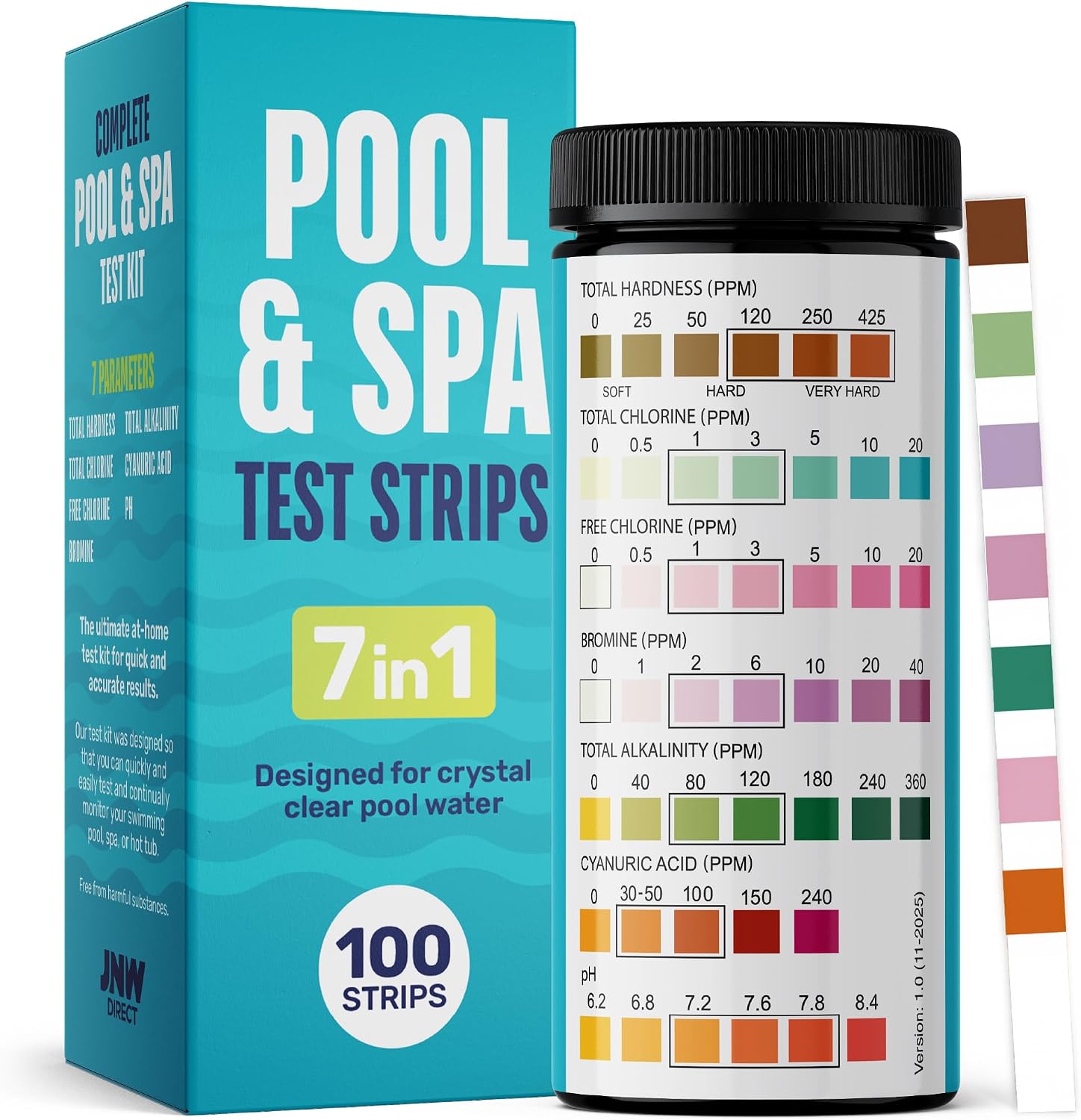 Pool Test Strips for Pools and Spas - 7 in 1 Water Test 100 Pack | Includes 100 pool test strips that measure chlorine, bromine, pH, alkalinity, hardness and cyanuric acid in 30 seconds.