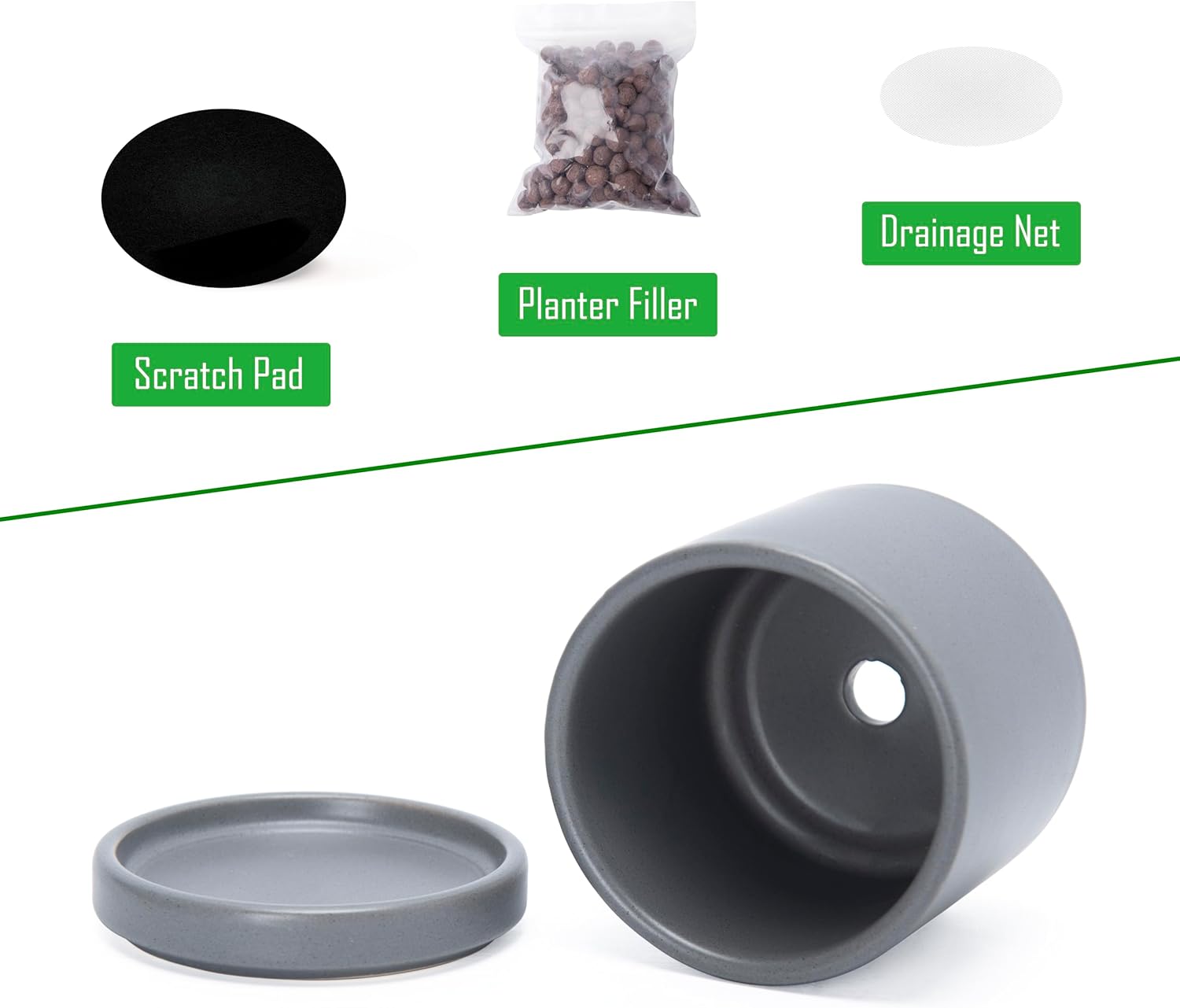 D'vine Dev 2-Pack Ceramic Pots with Saucers, White/Grey, 4.7 in, 94-V-B-6