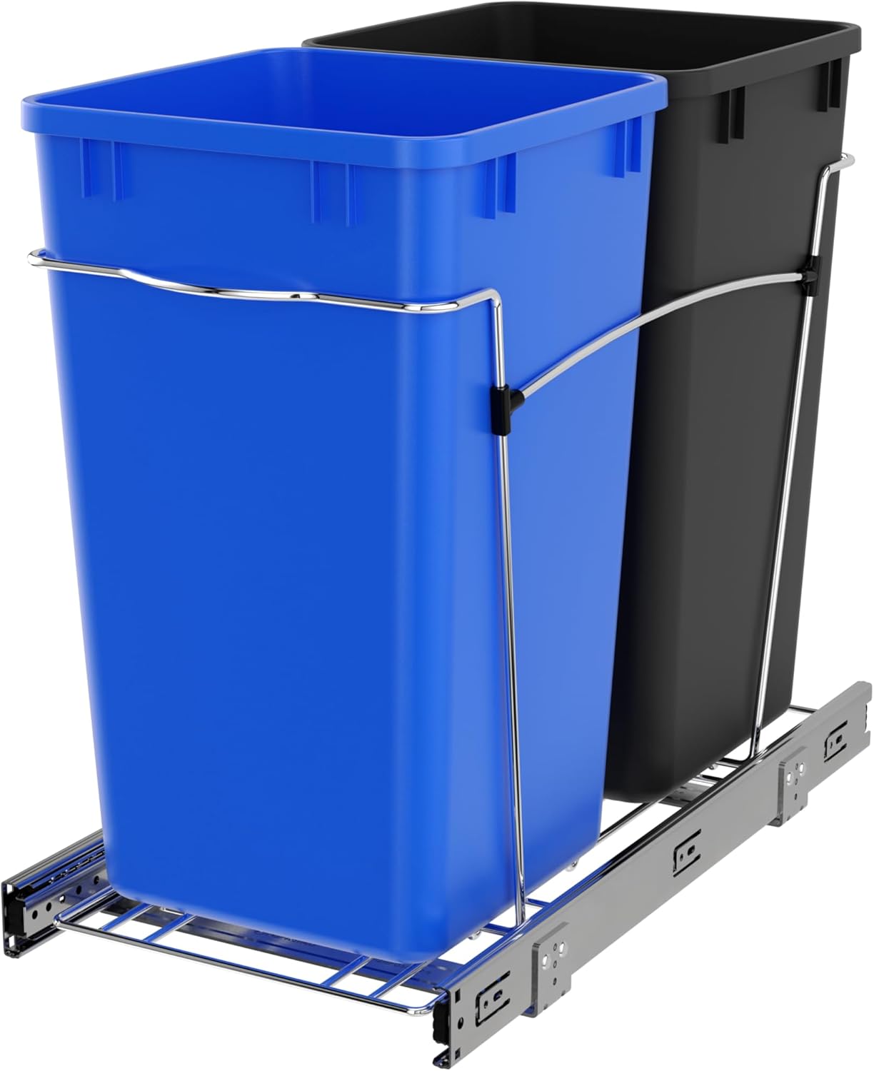 Rev-A-Shelf Double 27 Qt Pullout Trash Can for Base Kitchen Cabinets, Garbage Waste Bin System with Full Extension Slides, Min Opening Width of 11.5", Metallic Silver, RV-15KD-17C S