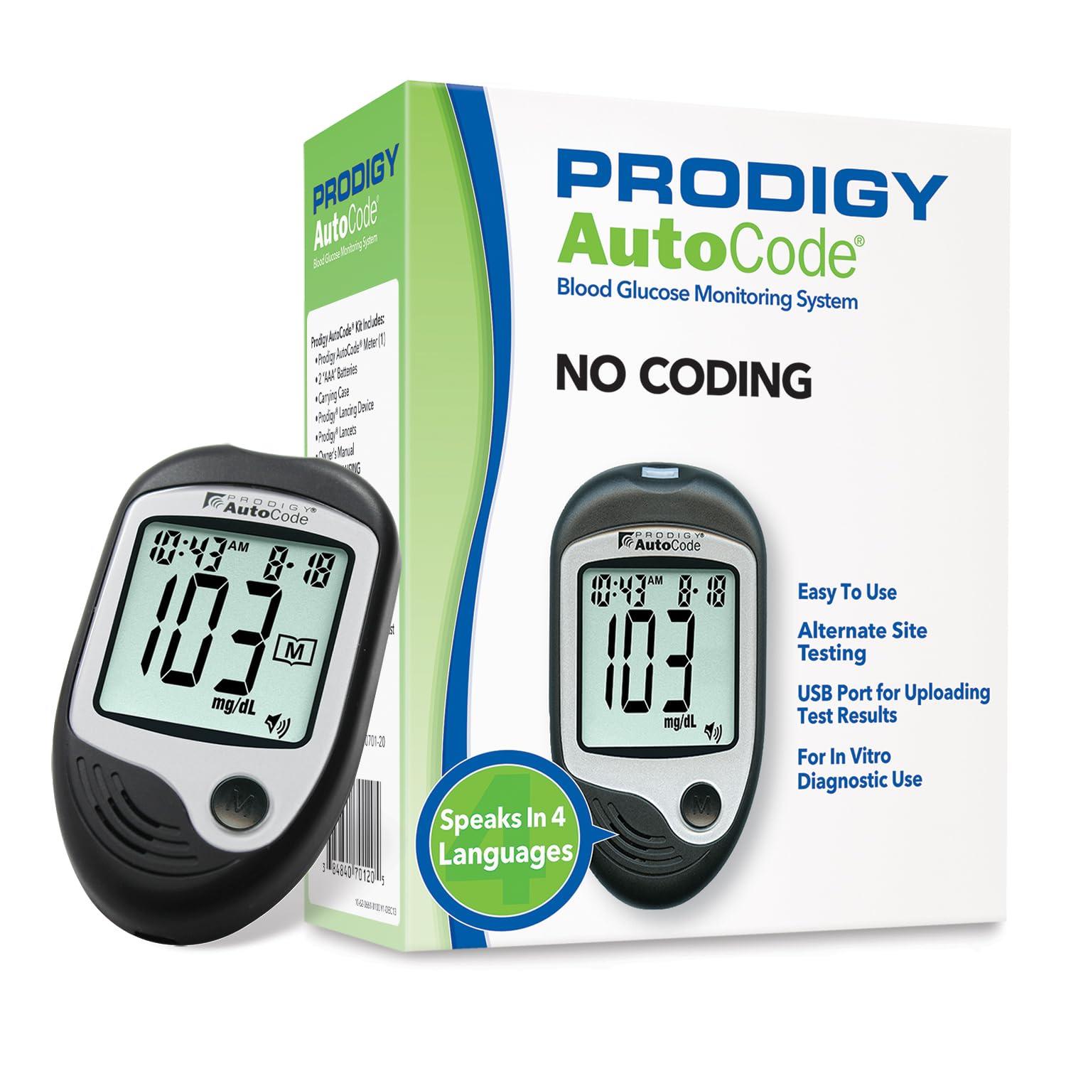 PRODIGY AutoCode Blood Glucose Monitoring System, Talking Meter, No Coding, Adjustable Depth Lancing Device, Twist Top Lancets 28G (10ct)