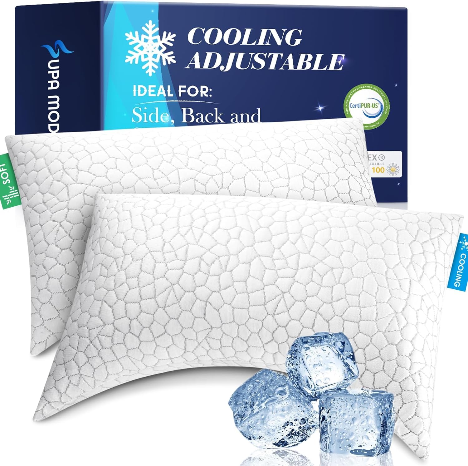 SUPA MODERN Cooling Pillow Queen Size Set of 2, CertiPUR-US Shredded Memory Foam Pillows for Sleeping, Cool Bed Pillows for Hot Sleepers, Adjustable Firm Pillow for Side,Back,Stomach Sleepers