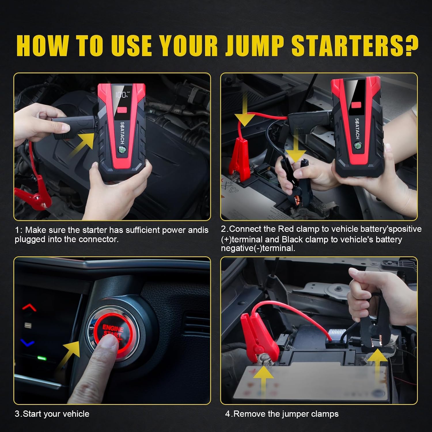 Scatach 6000A Car Battery Jump Starter,12V Portable Jump Starter Battery Pack (up to 9.0L Gasoline and 7.0L Diesel Engine), Jump Box with 3 Modes Flashlights, Jumper Cables, LED Display