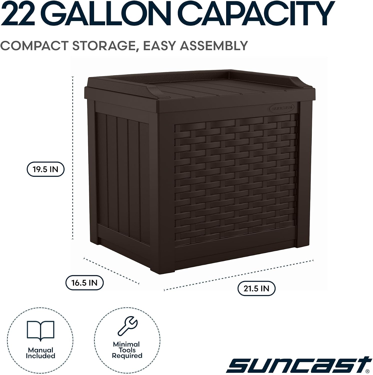 Suncast Outdoor Deck Box - 22 Gallon Java Resin Outdoor Storage Box, Weatherproof Patio Storage Bin Container for Seating & Organizing Cushions