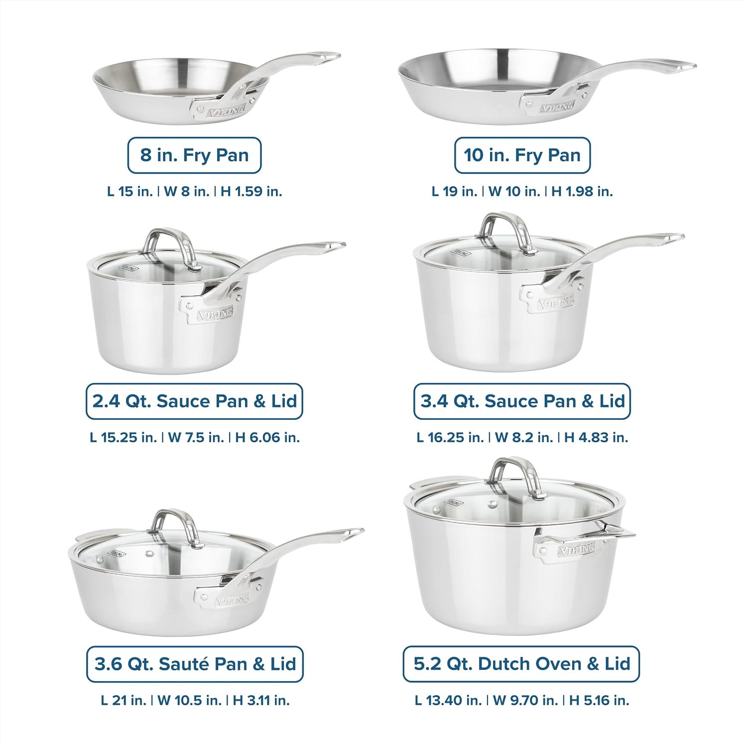 Viking Contemporary 3-Ply Pots and Pans Set, 10 Piece Stainless Steel Kitchen Cookware, Silver