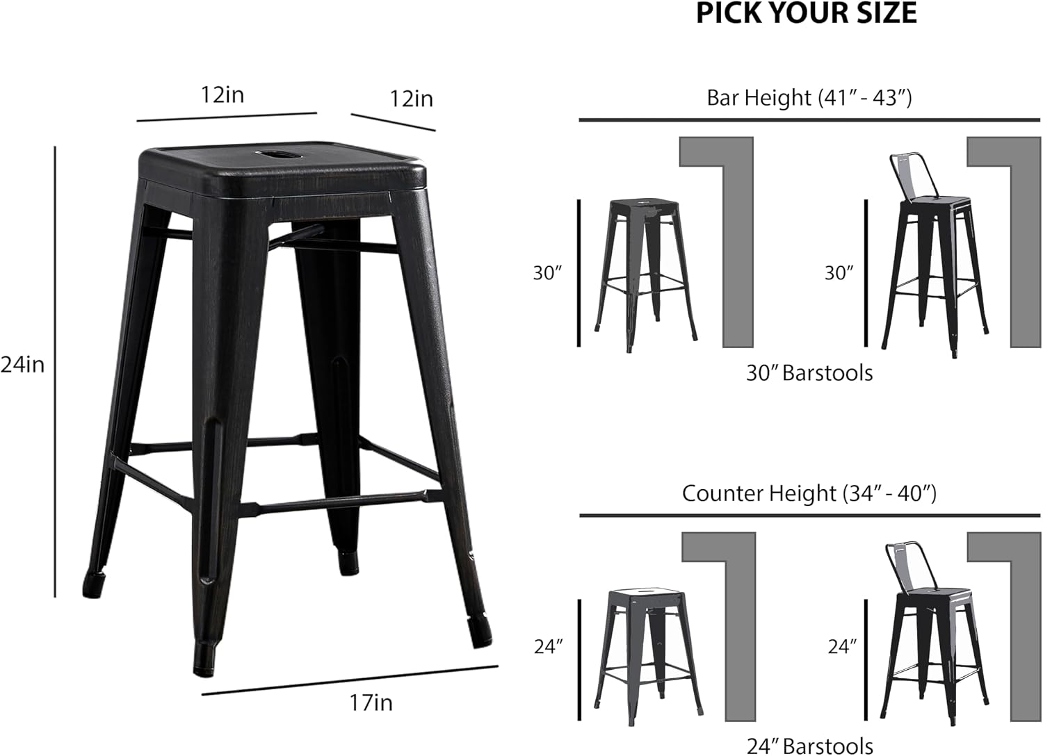 AC Pacific 30” Metal Barstool Set of 2 – Country Rustic Style with Low Back, Lightweight & Sturdy Build, Easy Assembly – Matte Black