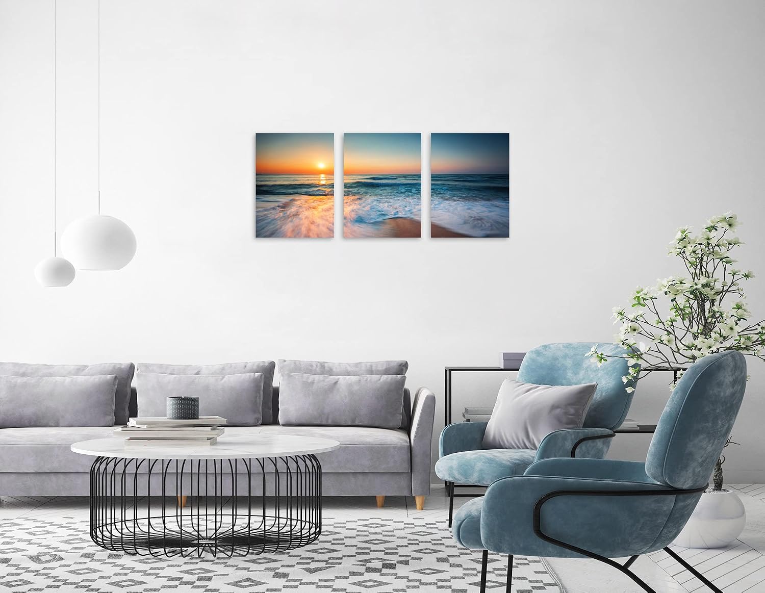 TutuBeer 3 Panel Beach Canvas Wall Art for Home Decor Blue Sea Sunset White Beach Painting the Picture Print on Canvas Seascape the Pictures for Home Decor Decoration,Ready to Hang