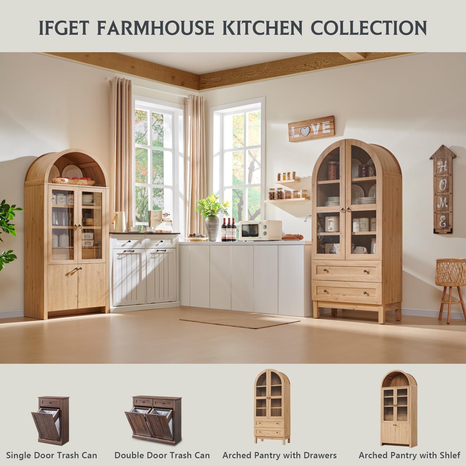 IFGET 71" Tall Arched Kitchen Pantry, Modern Farmhouse Wood Kitchens Storage Cabinets with 2 Large Drawers and Adjustable Shelves, Versatile Cupboard for Kitchen, Dining Room, Bathroom, Natrual