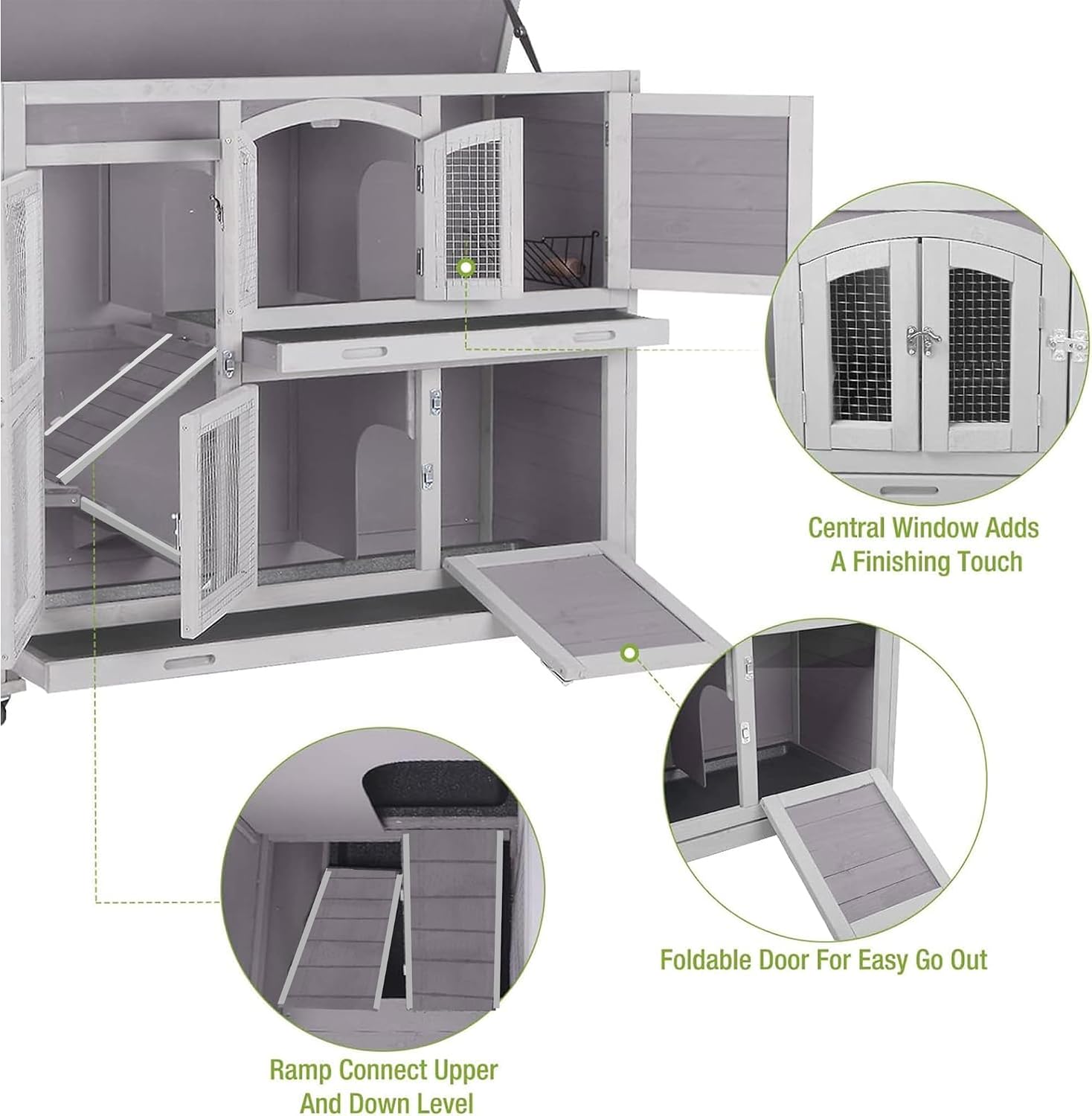 Outdoor Rabbit Hutch Indoor Bunny on Wheels Large Guinea Pig Cage with Run for Any Small Animals,Removable Pull Out Tray