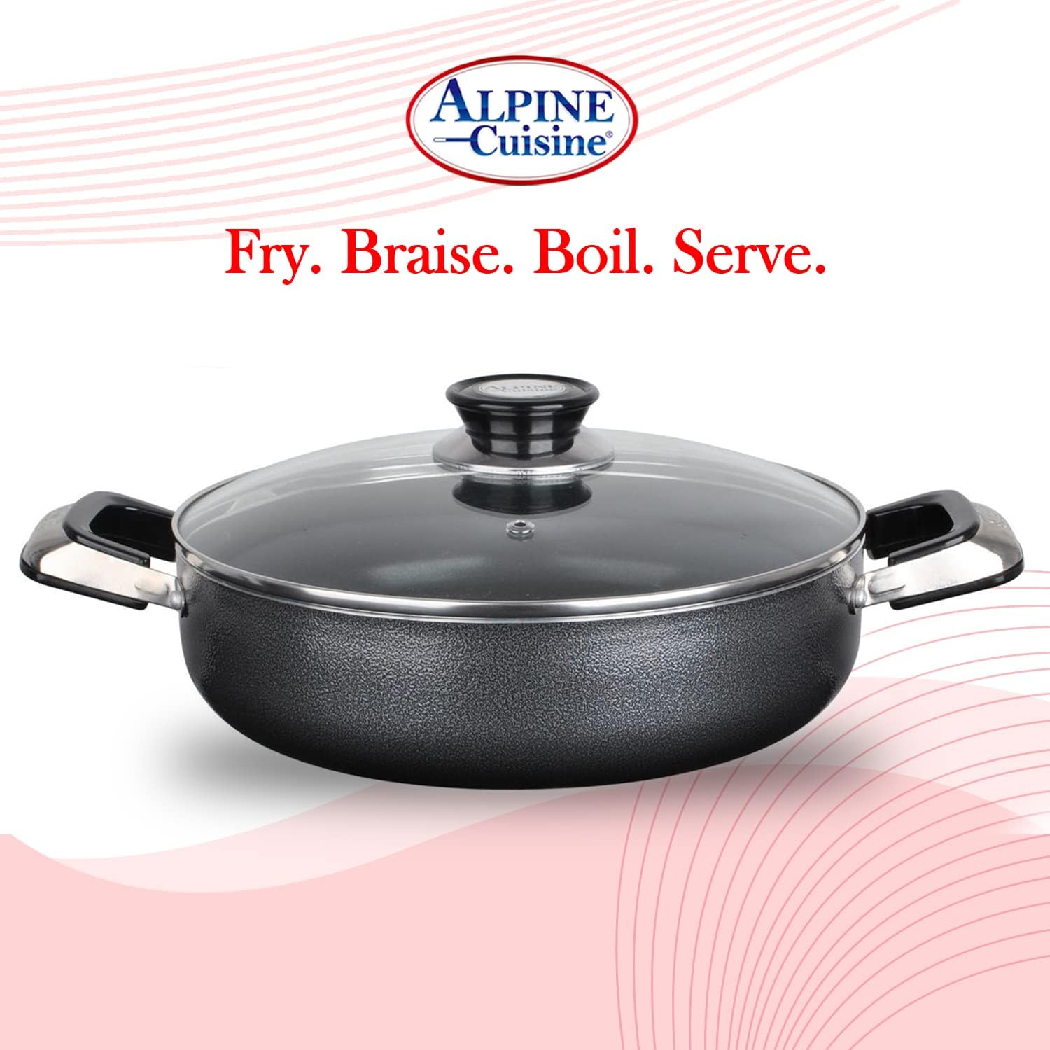 Alpine Cuisine 4 Quart Non-stick Stock Pot with Tempered Glass Lid and Carrying Handles, Multi-Purpose Cookware Aluminum Dutch Oven for Braising, Boiling, Stewing