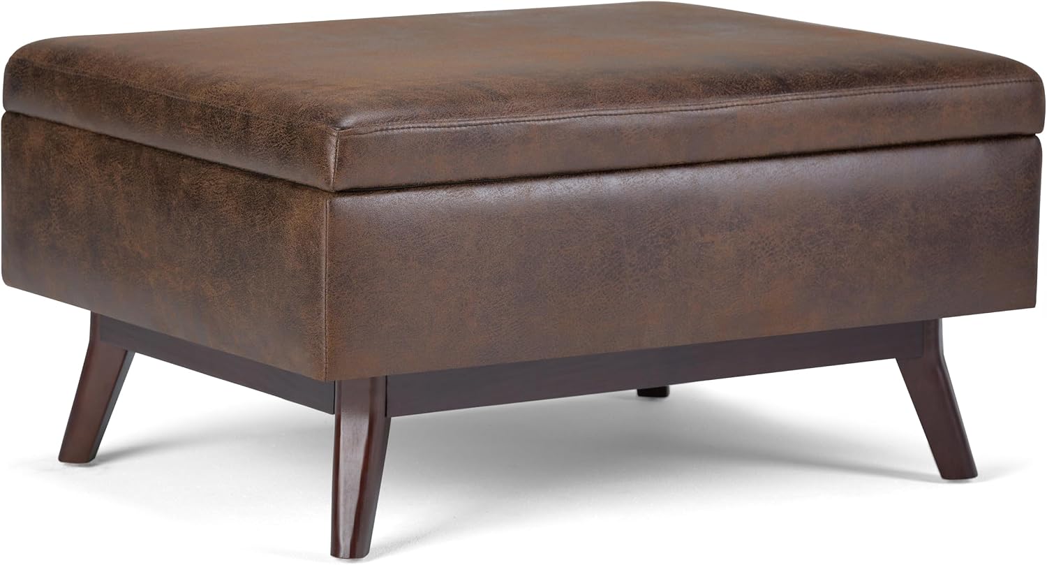 SIMPLIHOME Owen 34" Wide Vegan Leather Lift Top Ottoman in Dark Blue