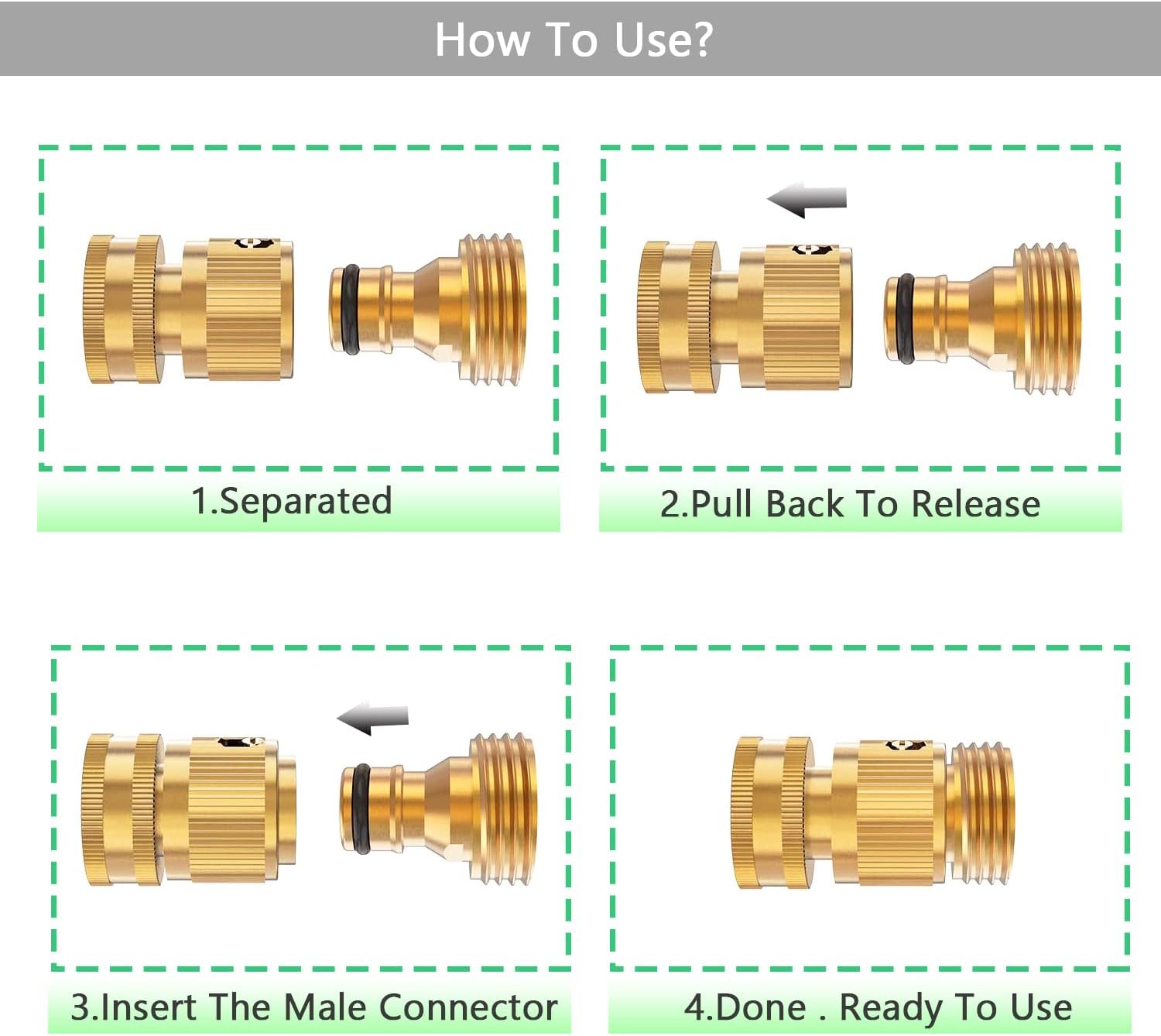 BoArt Garden Hose Quick Connector Set, Solid Brass 3/4 Inch Water Fitings Thread Easy Connect No-Leak Male Female 6 Sets