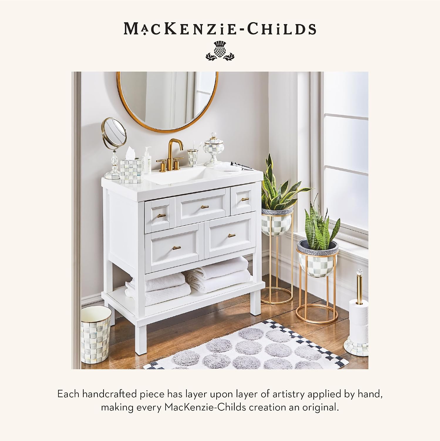 MACKENZIE-CHILDS Enamel Tumbler, Black-and-White Courtly Check | Hand-painted design, elegant drinkware with gold rim, 2.75" dia. x 4.5" H, 10-ounce capacity