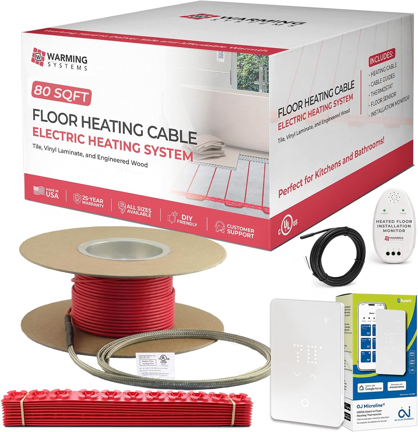 240 Sqft 240V Electric Radiant Floor Heating Kit – Includes Heating Cable, WiFi-LED Thermostat, Sensor, Cable Guides, Installation Monitor and Under Tile Heated Floors