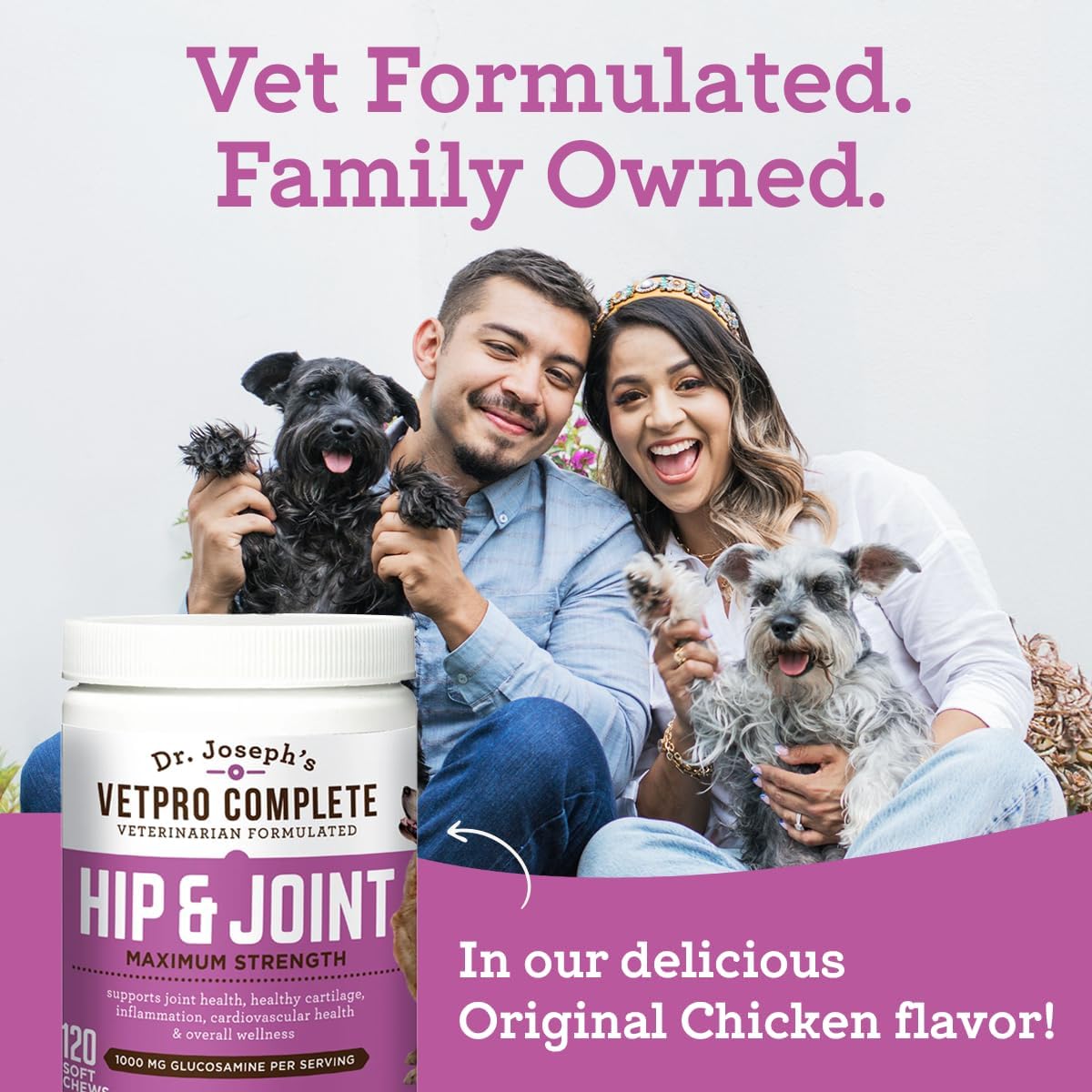 Dr. Joseph's VetPro Complete Dog Hip & Joint Wellness Supplement – High-Strength Glucosamine, MSM, Omega & Chondroitin Chews and Breeds – Vet Formulated Chicken Dog Treat - 120 Count