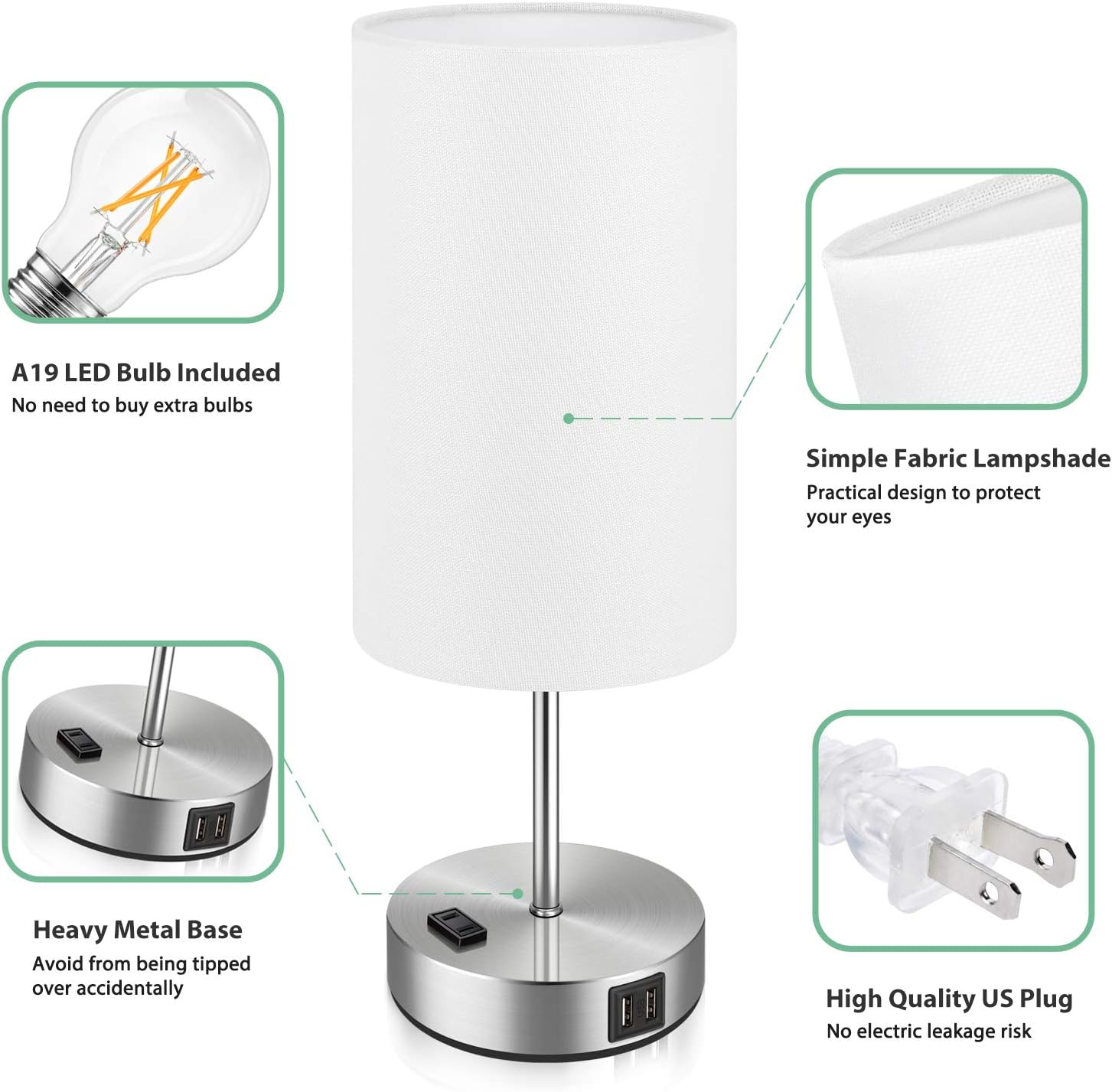 Set of 2 Touch Control Table Lamps with 2 USB Charging Ports&AC Outlet