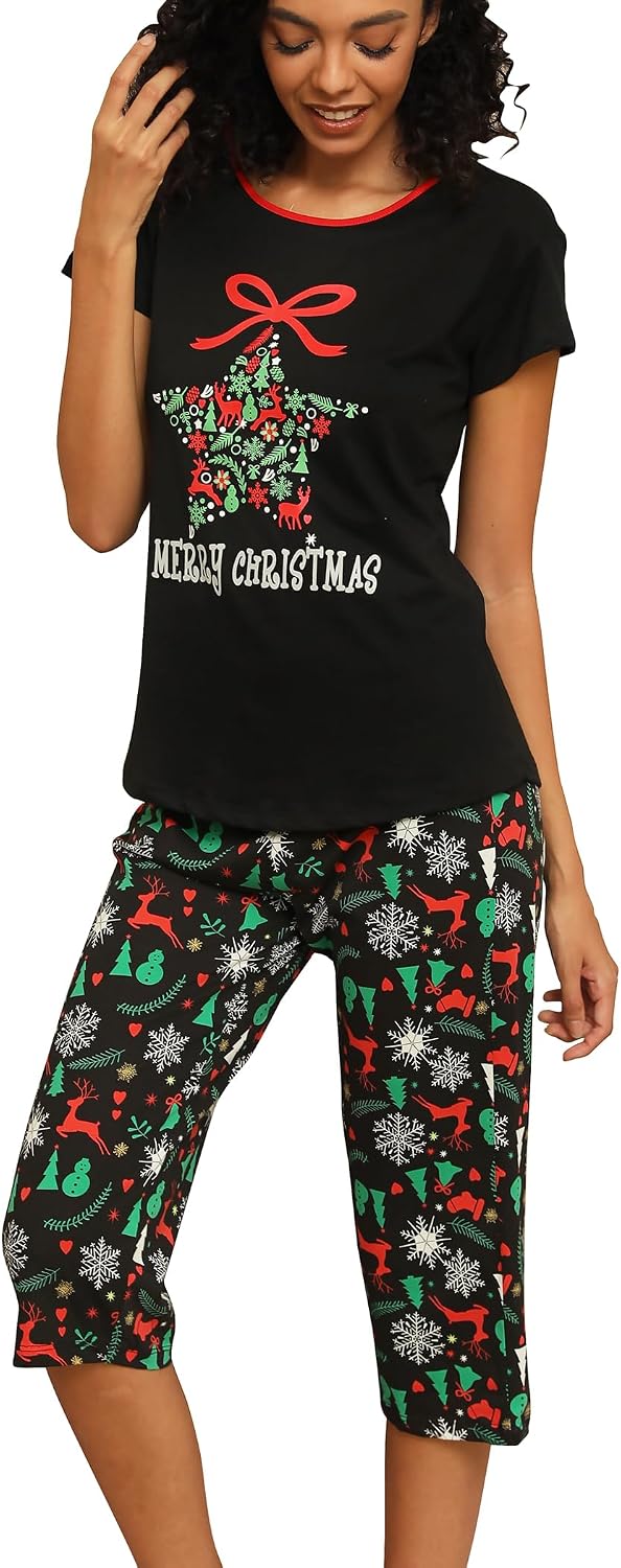 ENJOYNIGHT Womens Pajama Set Cotton Short Sleeve Top With Capri Pants Pj