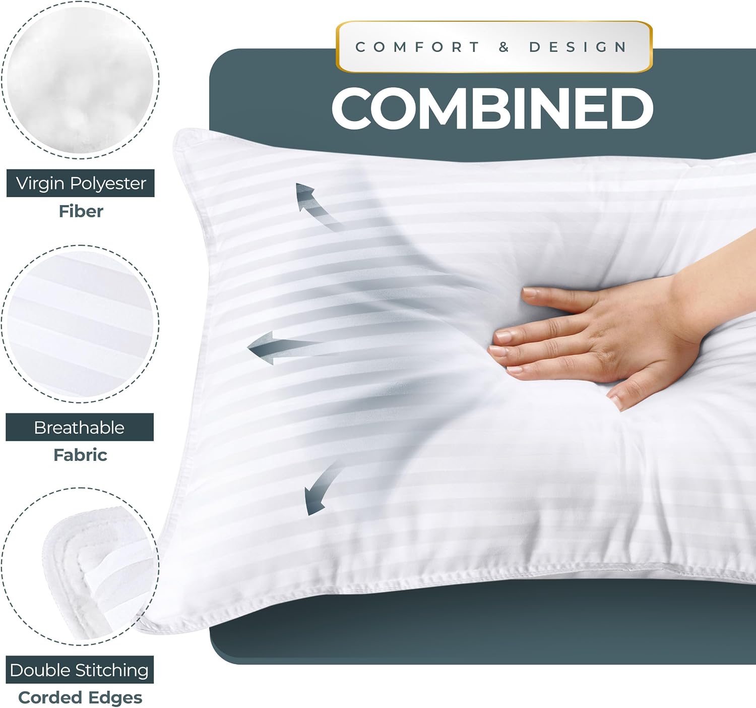 Utopia Bedding Hotel Bed Pillows for Sleeping, Pillows King Size Set of 2 | Down alternative pillows, cooling hotel quality, luxury comfort for back, side & stomach sleepers, Premium Stripes, White