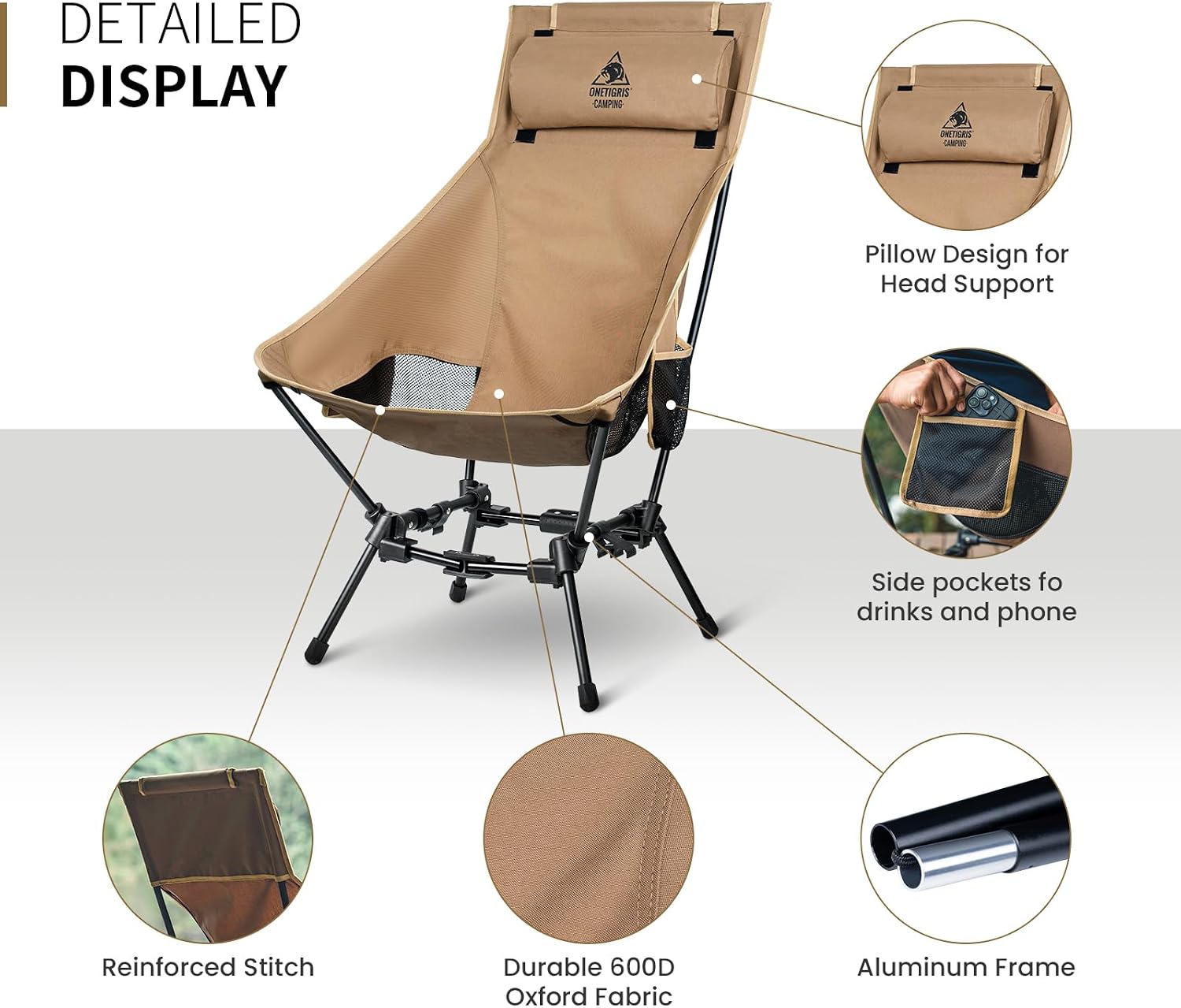 ONETIGRIS Dragonhide Oversized Camping Chair with Pillow Design, Comfortable Widened Seat Folding, 275 lbs Capacity