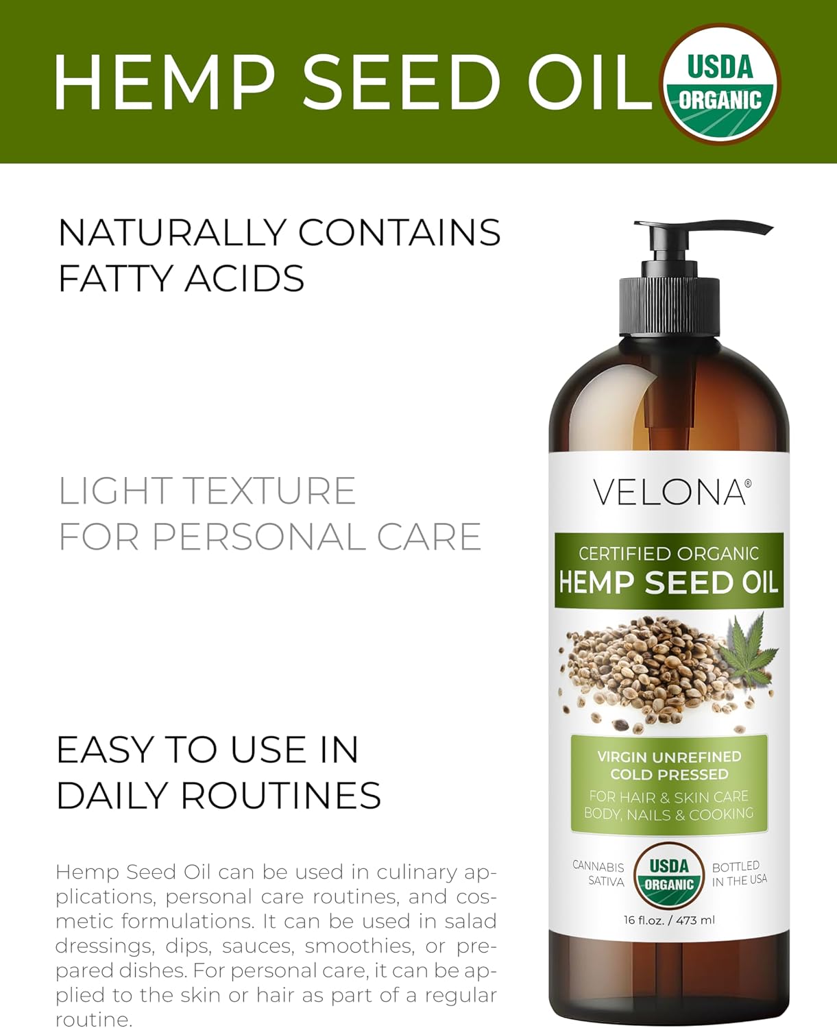 velona USDA Organic Pumpkin Seed Oil - 8 fl oz, Cold Pressed, with Pump