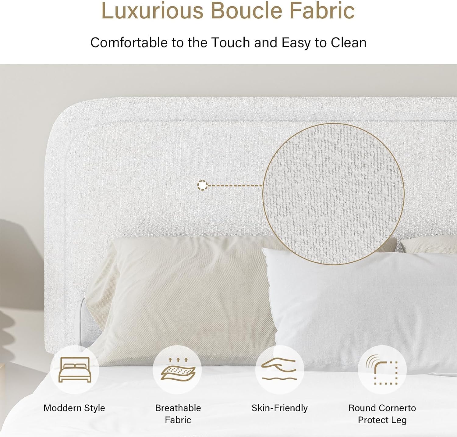BarnFurin Full Bed Frame, Cloud Boucle Headboard, Rounded Corners, White | Soft boucle and rounded edges create a low-profile cloud look. Wooden slats support the mattress without a box spring