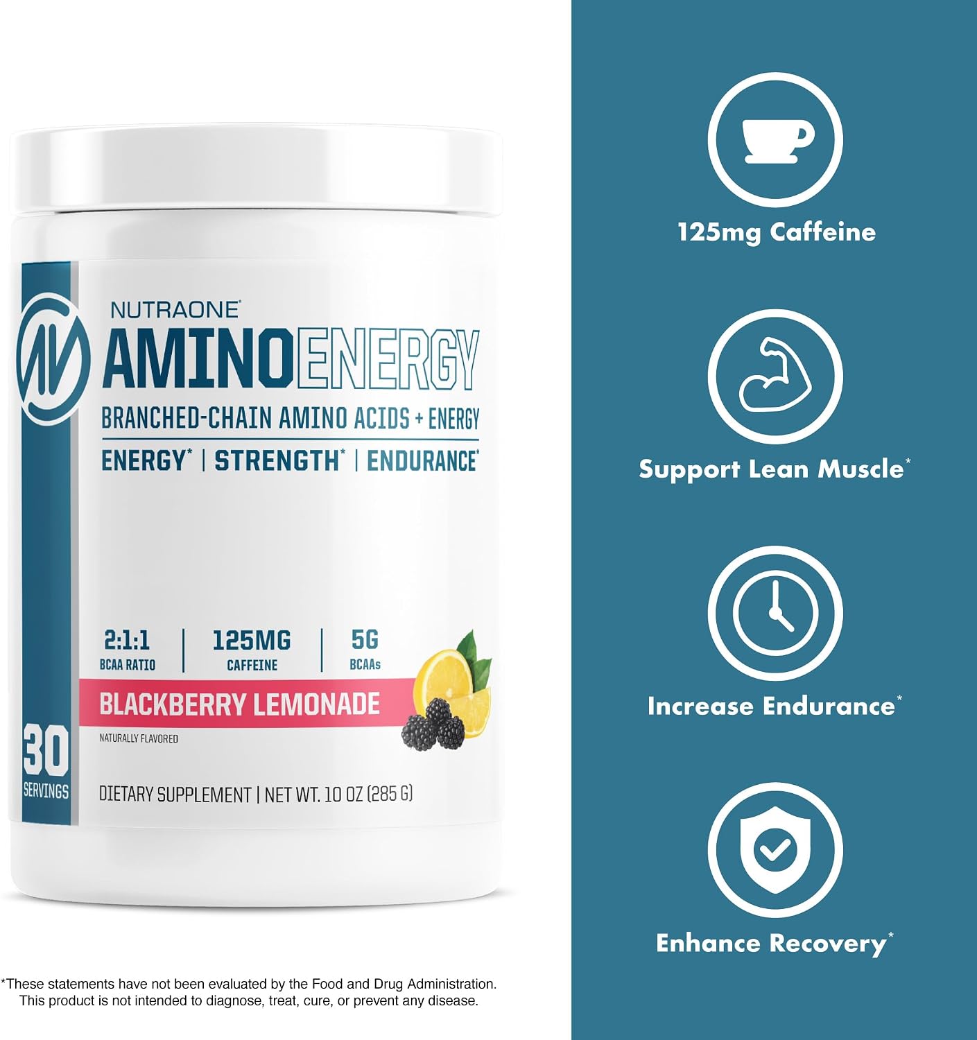NutraOne Amino Energy BCAA Powder Pre-Workout Supplement with Caffeine Branched Chain Amino Acids to Help Fuel and Recover* (Berry Lemonade - 30