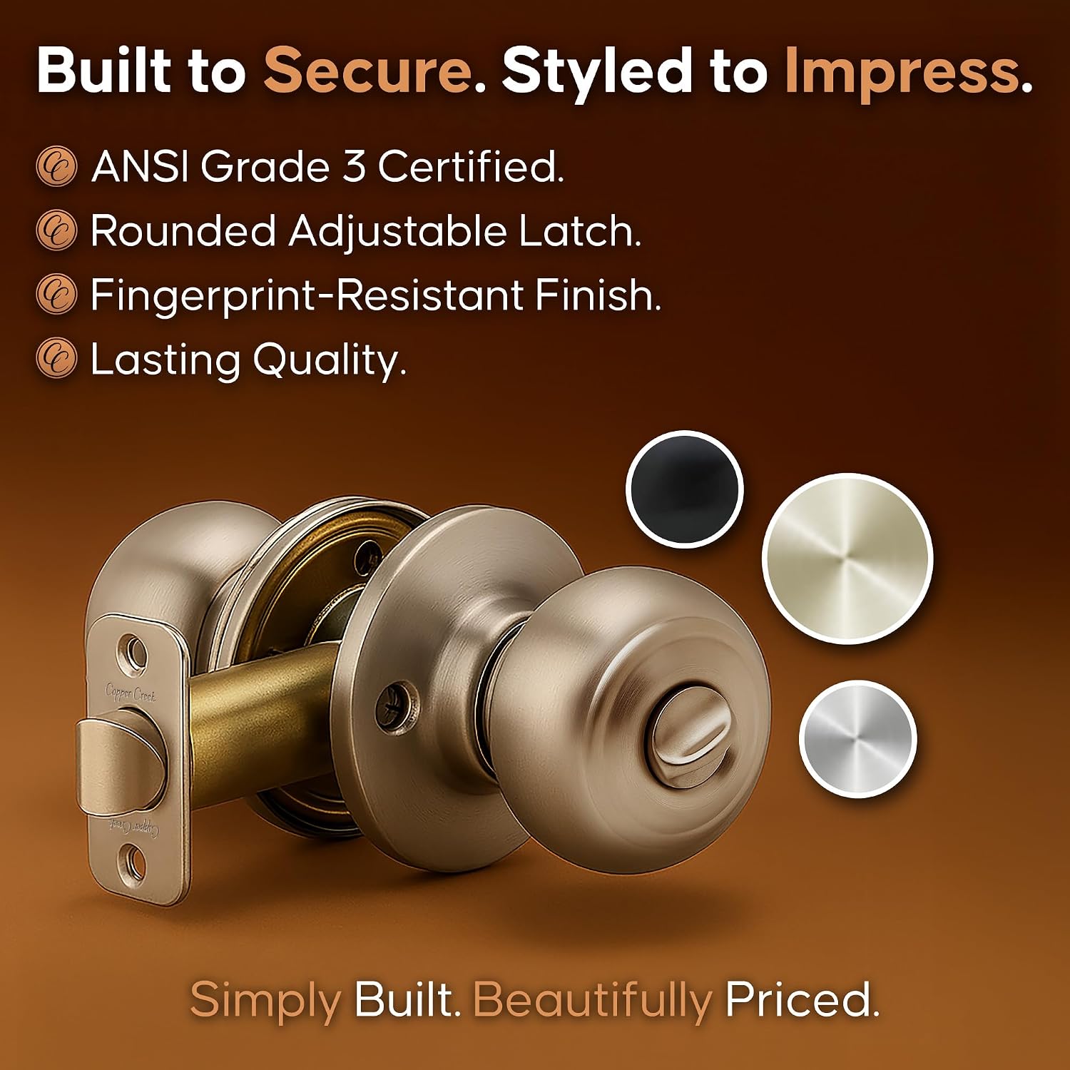 Copper Creek Colonial Privacy Interior Door Knob – ANSI Grade-3 Certified, Modern Heavy Duty Handle, Easy Install and Reversible for Bedroom, Bathroom and Closets – Satin Stainless (1 Pack)