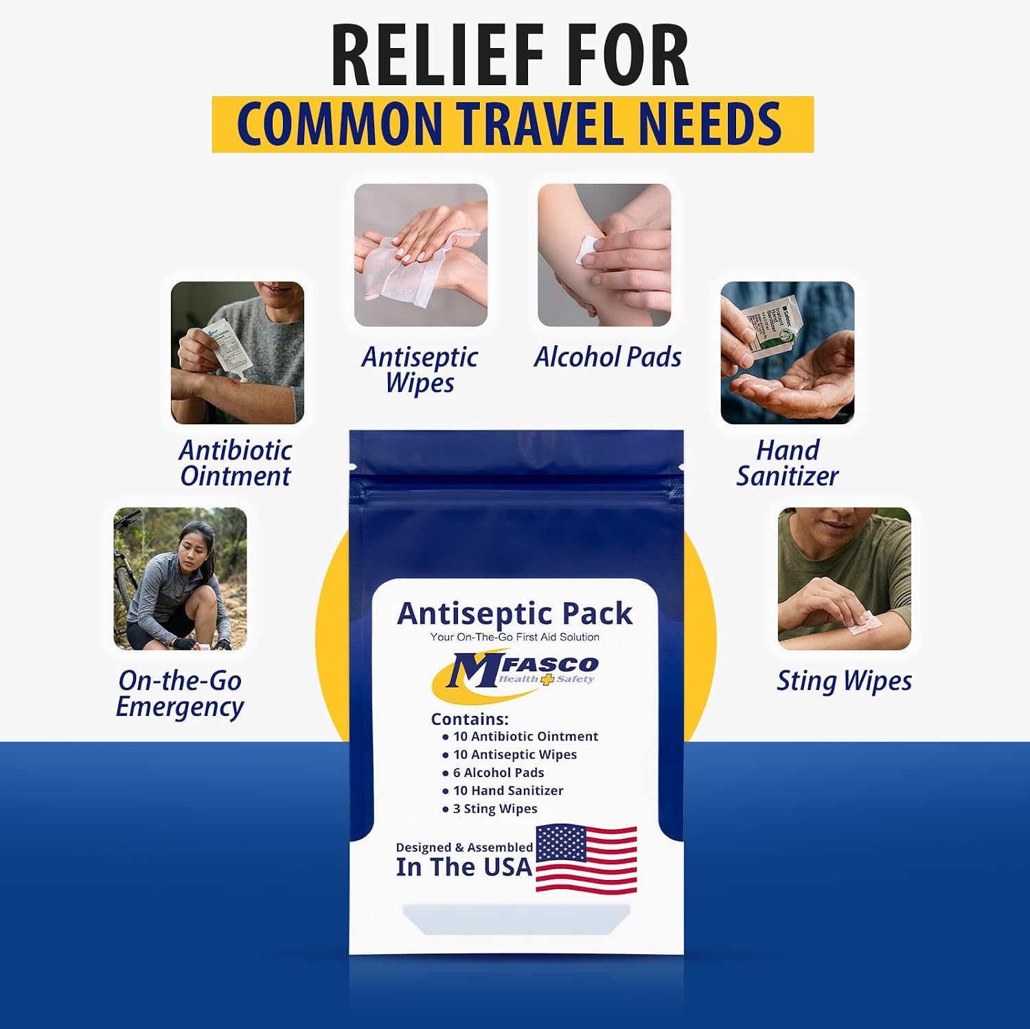 MFASCO Antiseptic Wound Care Travel Pack | 39 Piece First Aid Kit Refill | BZK, Antiseptic Wipes, Sting Relief, Wound Ointment | Essential First Aid Supplies | Refill Personal First Aid Kits