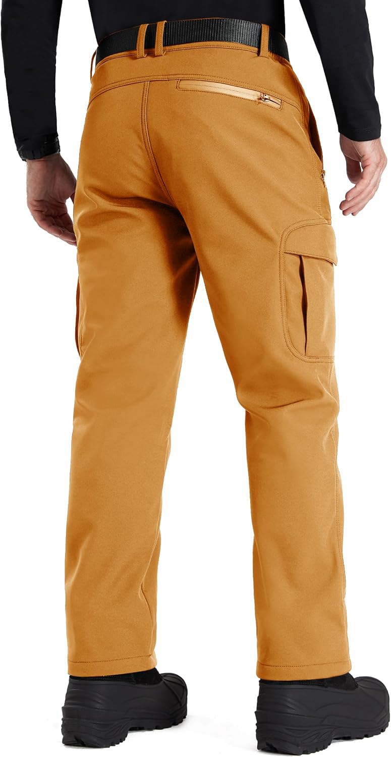 FREE SOLDIER Men's Outdoor Softshell Fleece Lined Cargo Pants | Snow Ski Hiking Pants with Belt, Waterproof Winter Pants, Insulated Work Pants, Breathable Windproof Insulated Pants