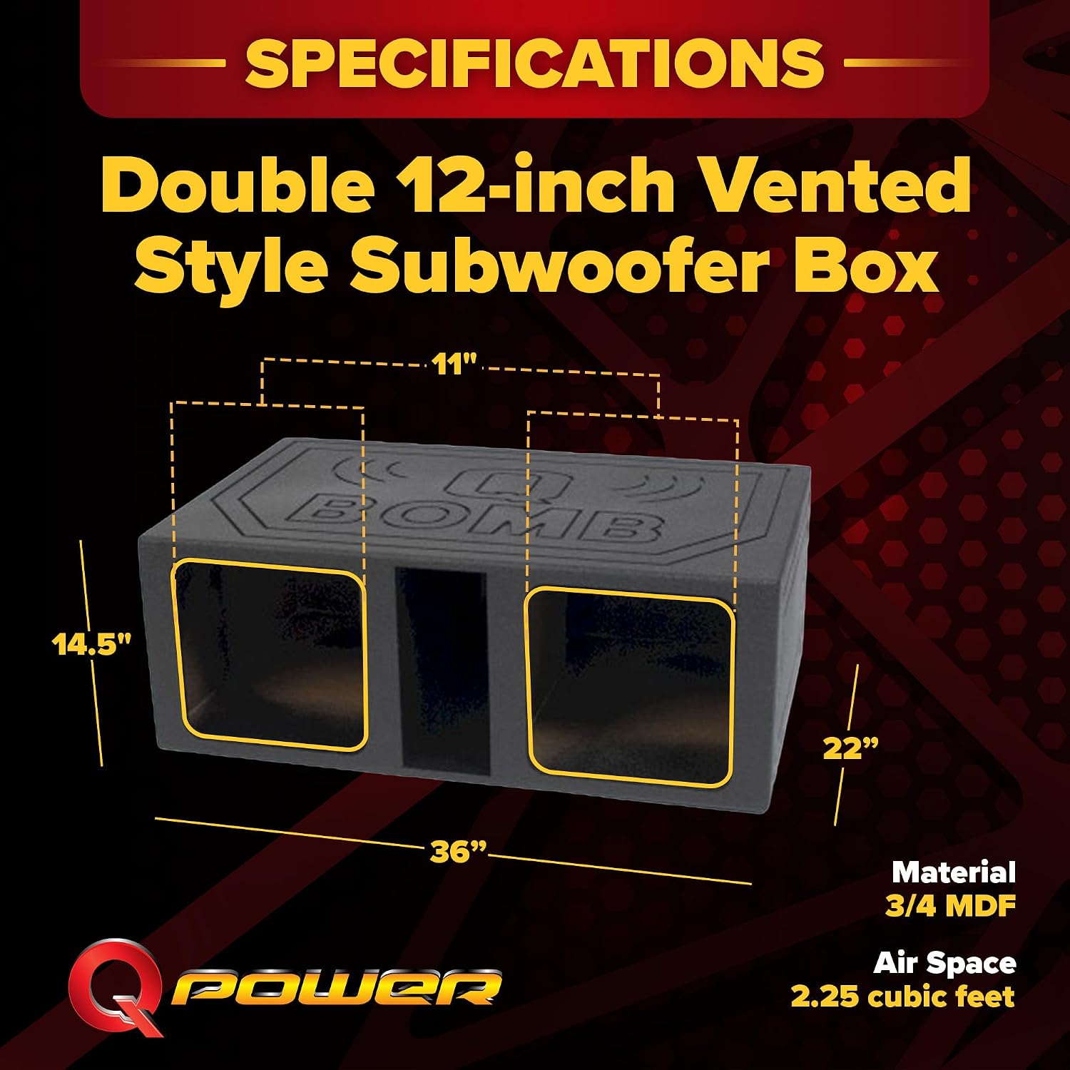 QPower QBOMB15VSQ QBOMB 15 Inch Center Vented Dual Ported Subwoofer Enclosure Speaker Box for Car Audio Sound Systems, Square