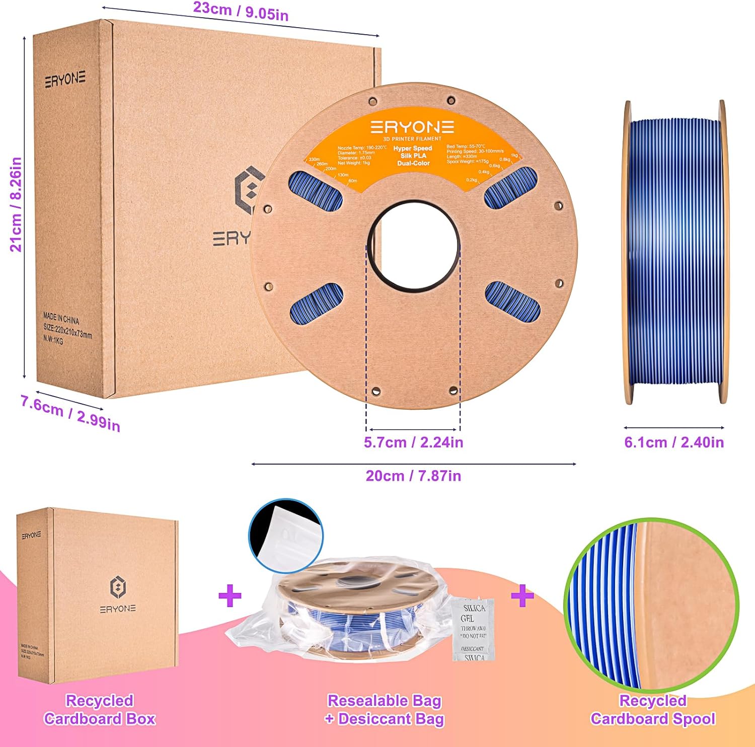 ERYONE Silk Filament PLA+ 1.75mm Upgraded Shiny 3D Printer Filament, Gloss Finish, Fit Most FDM Printer Stable Printing,1kg (2.2LBS)/Spool, Silver