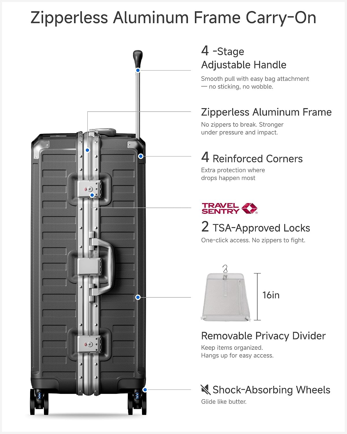 LUGGEX Zipperless Checked Suitcase, Aluminum Frame, Charcoal Metallic, 28" | Checked Luggage, 100% PC Hard Shell, 8010S Aluminum Frame, 8 Spinner Wheels, TSA Lock, Hard Shell, ZX-Core