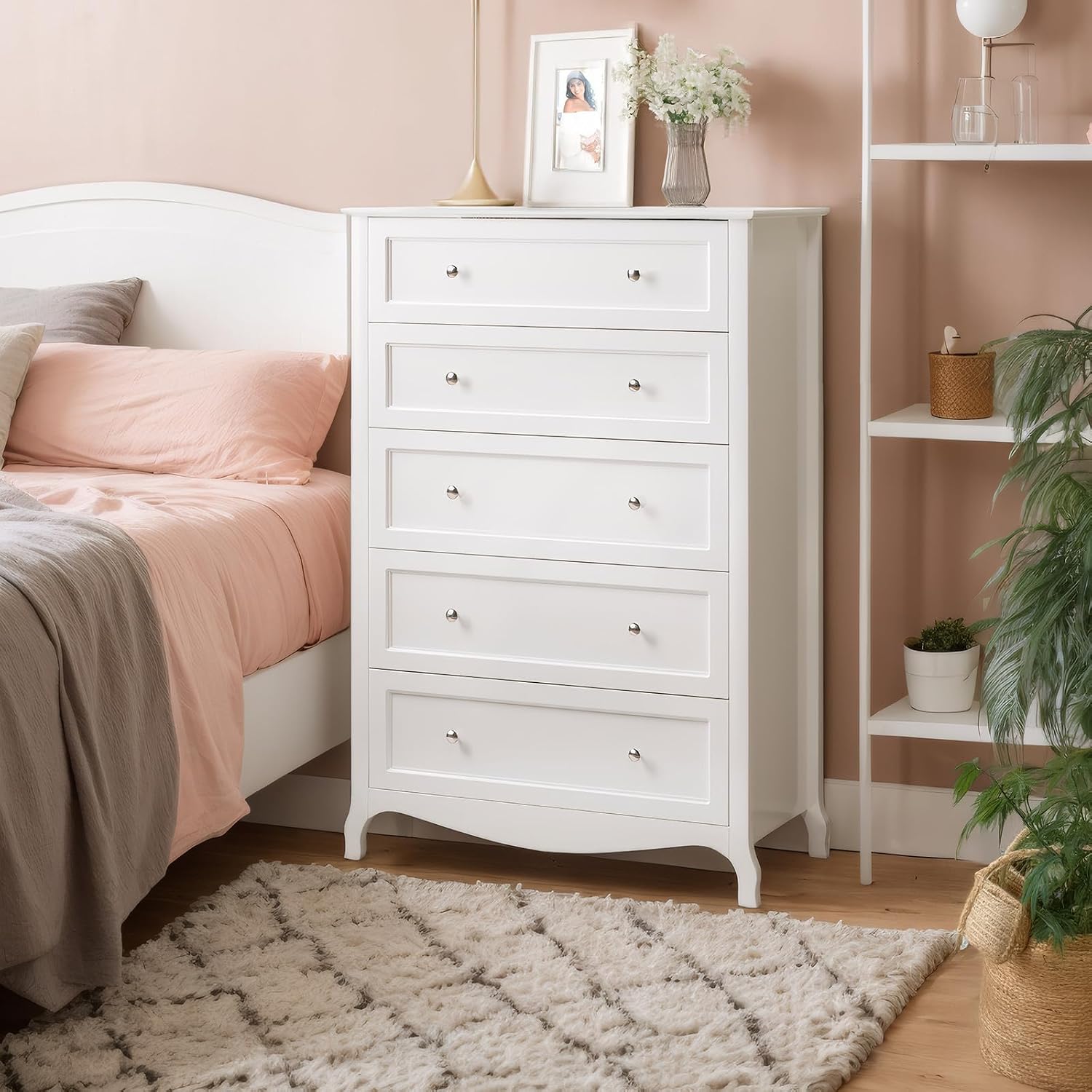 VINGLI Fluted Tall Dresser 5 Drawer, 23.66" W Chest of Drawers Gray Wood Dresser with Rounded Edges, Grey Dressers for Bedroom