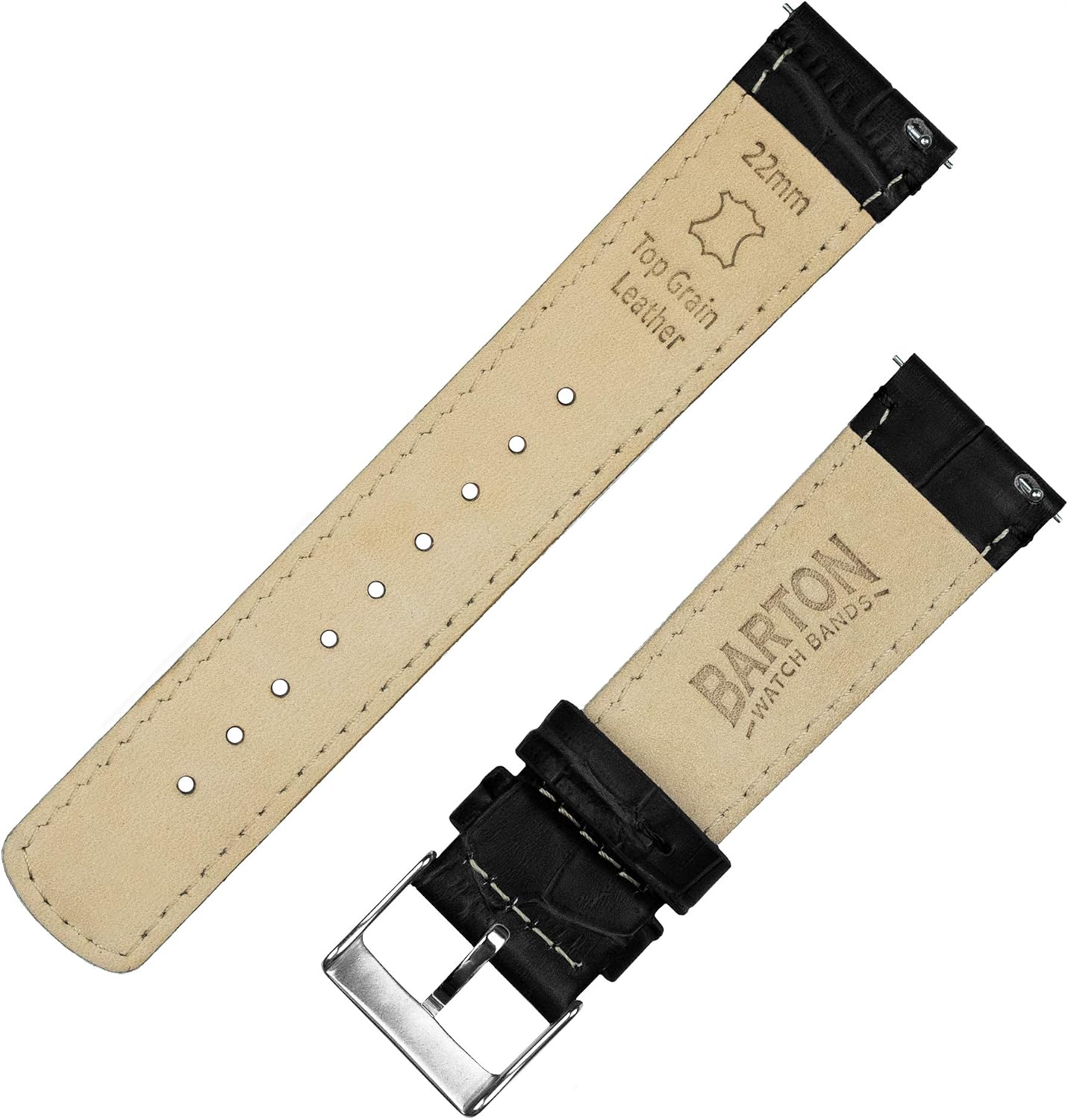 BARTON WATCH BANDS, 20mm Black - Long - Alligator Grain - Quick Release Leather Watch Bands